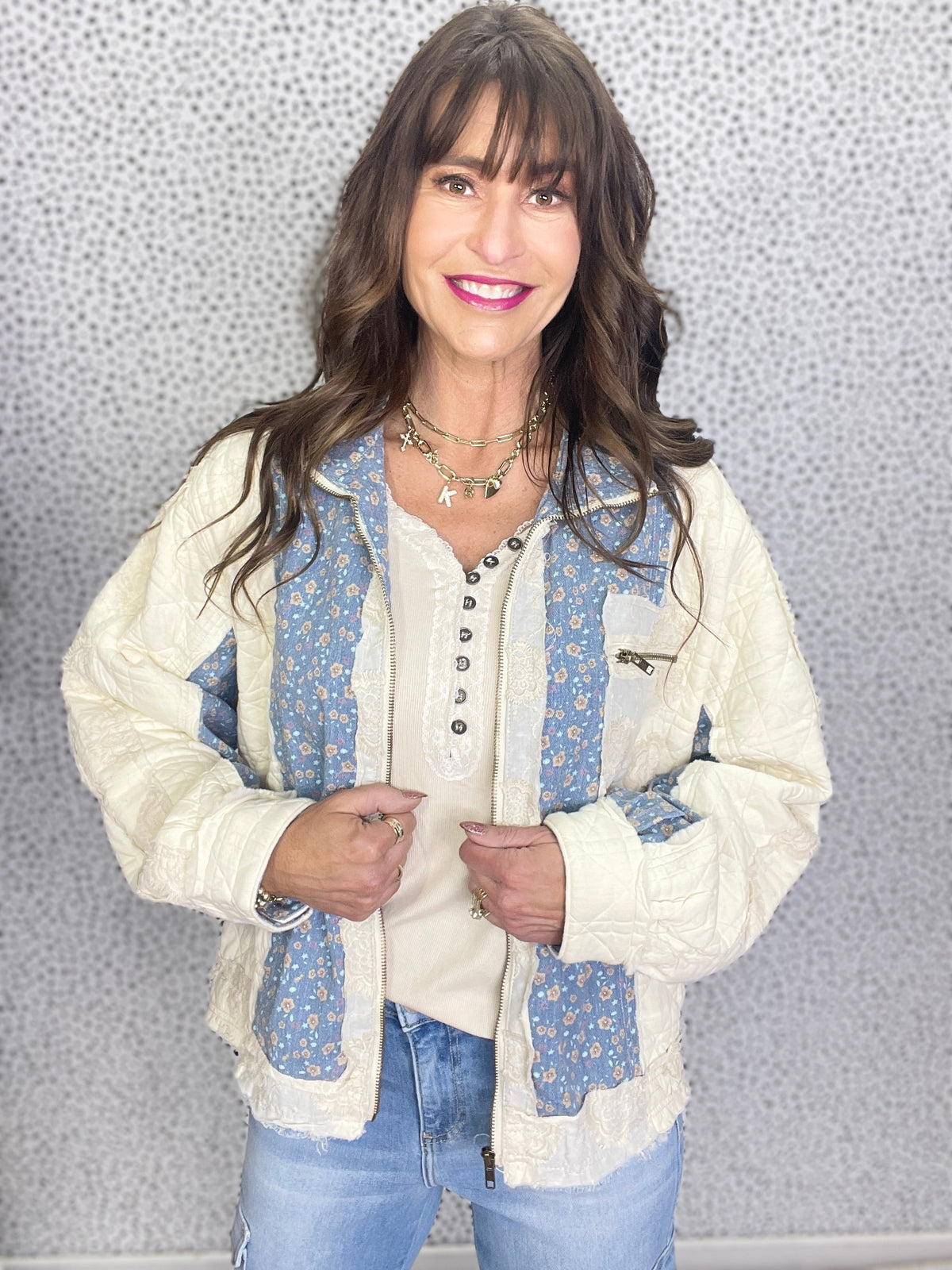 POL Meadow Lane Balloon Sleeve Quilted Jacket In Cream