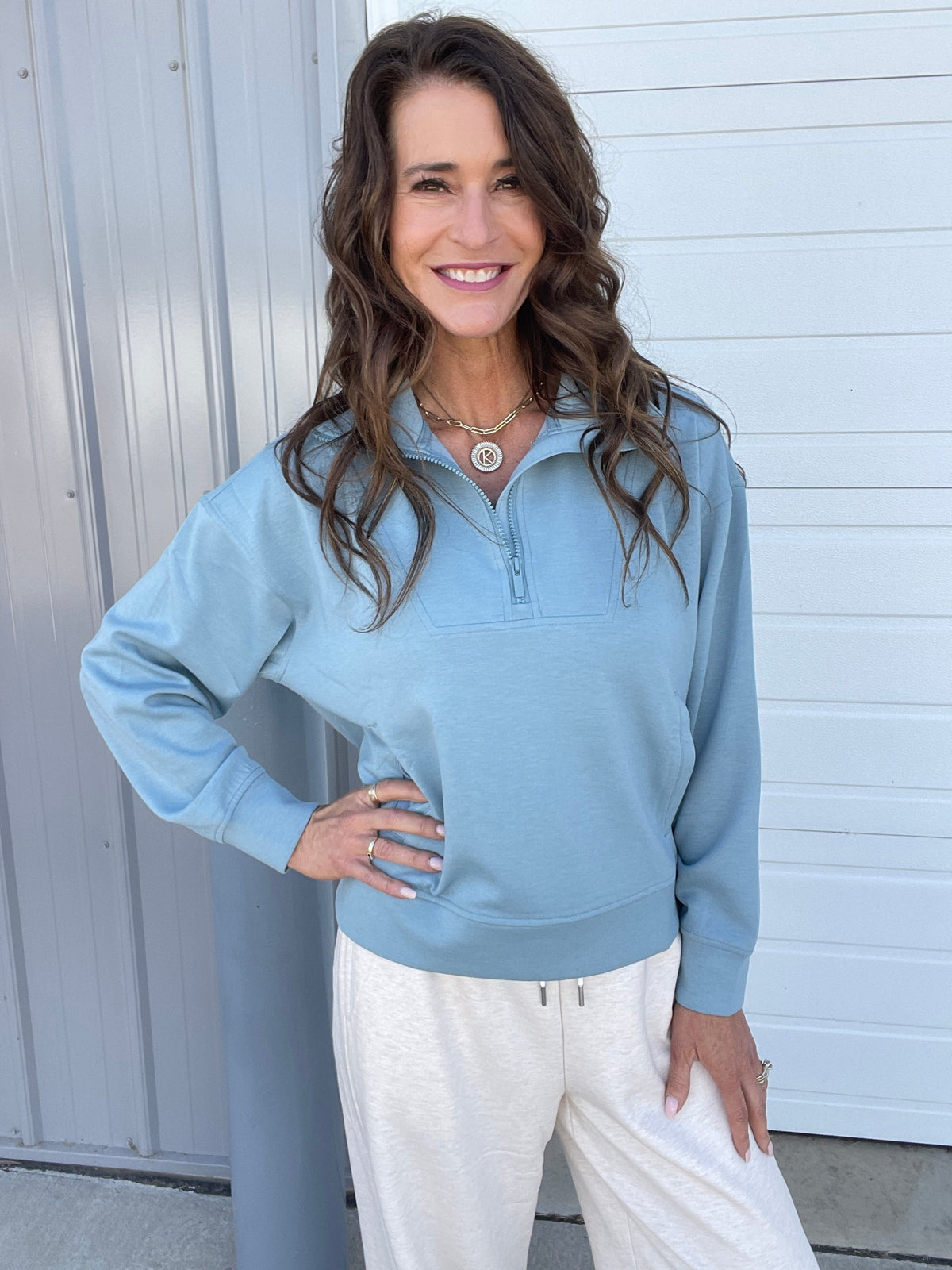 Clearing The Air Scuba Half Zip Pullover In 3 Colors: Beige, Green, Blue Grey *Final Sale*