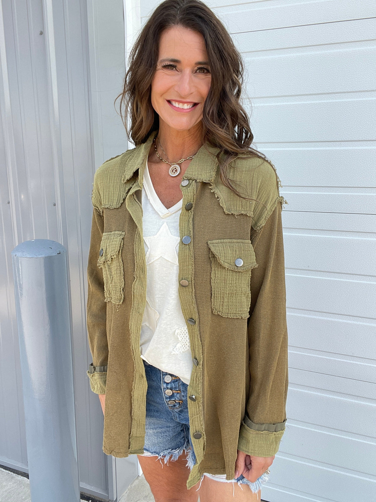 Pol Ready Set Go Thermal Knit And Gauze Button Front Shirt In 3 Colors: Ivory, Navy, Olive *Final Sale*