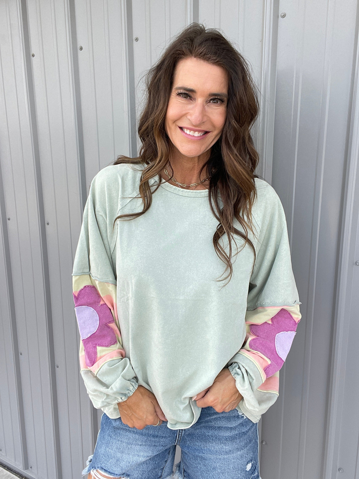 Faded Floral Patch Terry Knit Mineral Washed Long Sleeve Pullover in 4 Colors