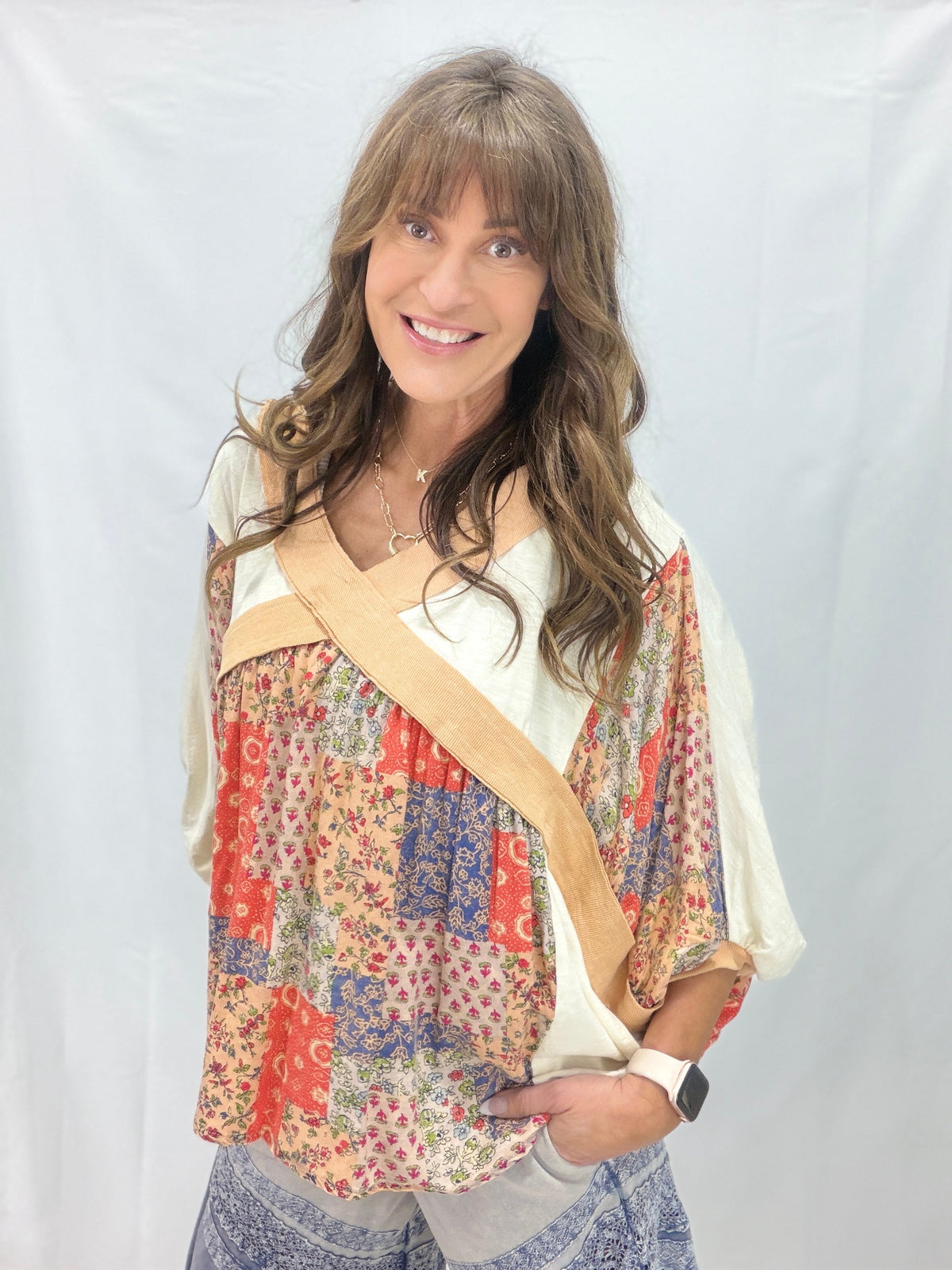 Oli & Hali Late One Night Crossed Patchwork Top In 2 Colors