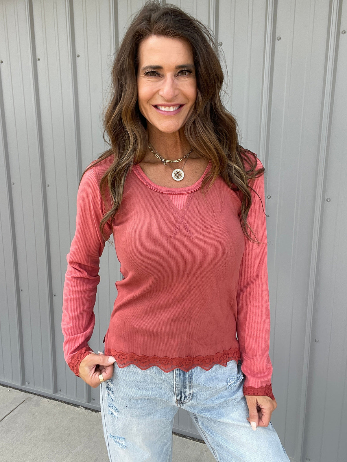 POL Effortless Style Lace Thermal Top In 4 Colors: Charcoal, Mauve, Red, Cream *Final Sale*