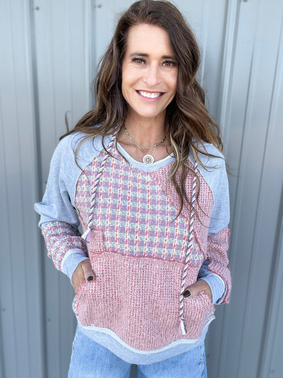 Oli & Hali Struck By You Tweed Patchwork Hoodie Top In 2 Colors *Final Sale*