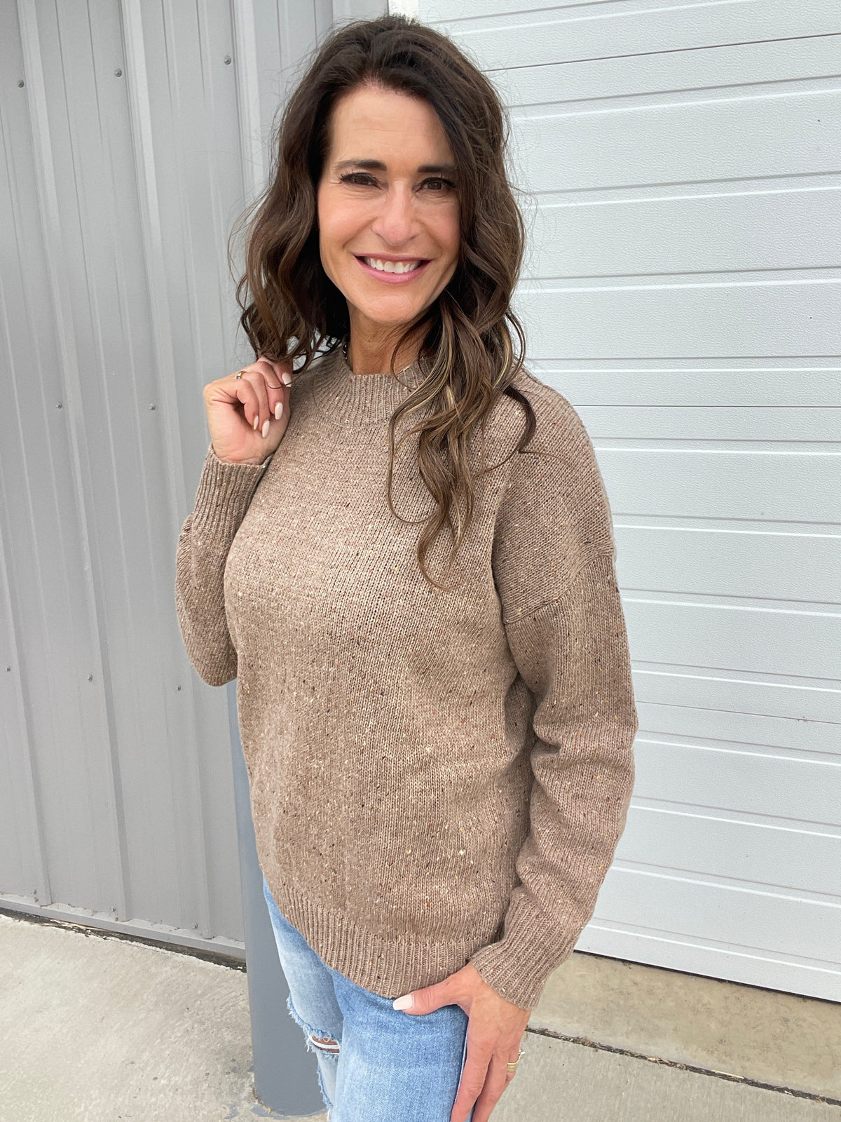 Give In Long Sleeve Speckled Sweater In 2 Colors: Oatmeal, Brown