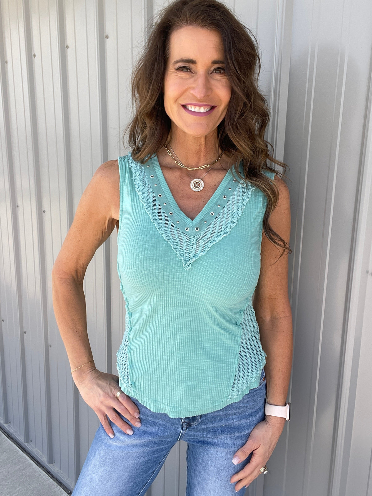 Pol Rock And Roll Sleeveless Top In Teal Blue *Final Sale*