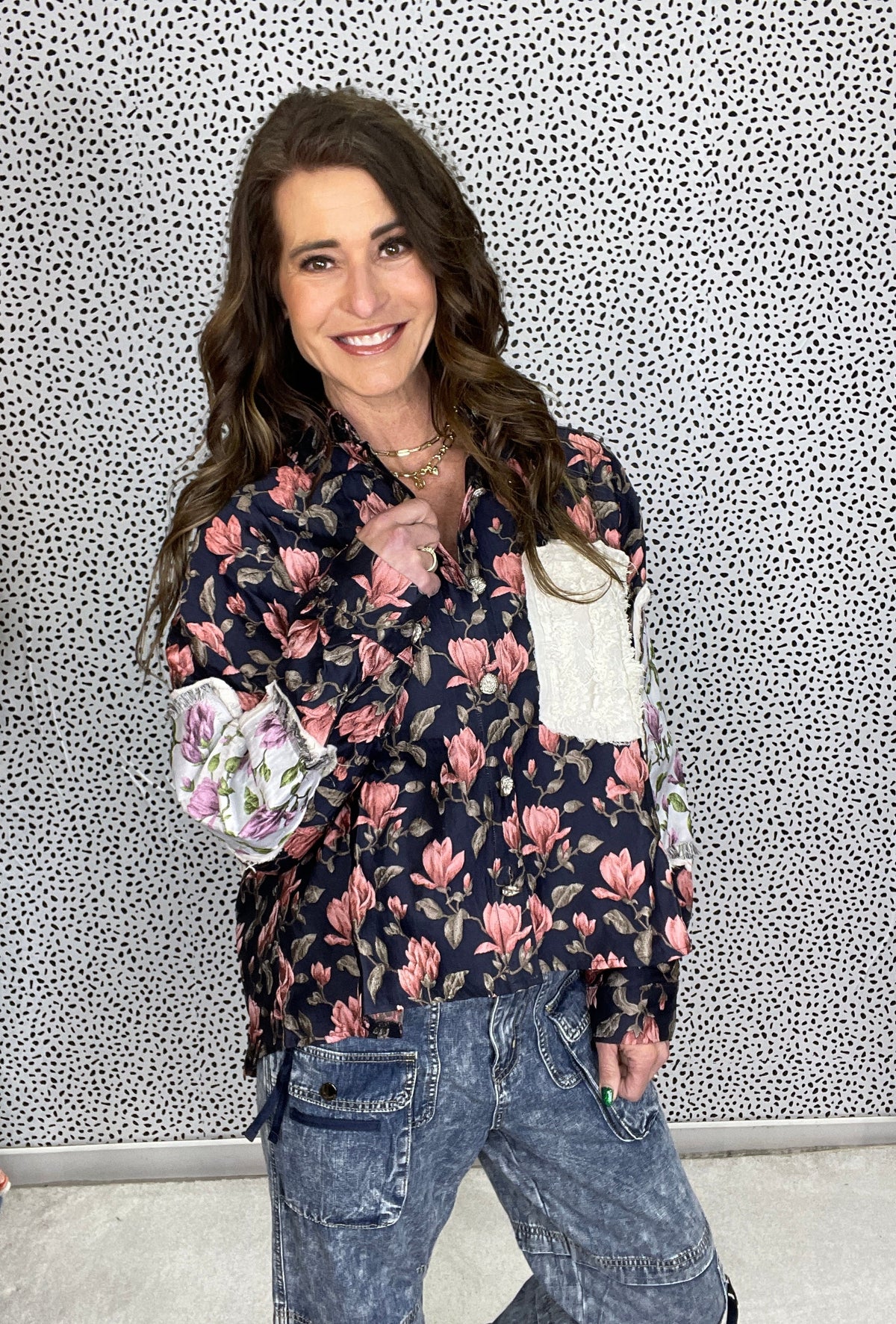 POL Talk To Me Contrast Floral Paneled Shacket *Final Sale*