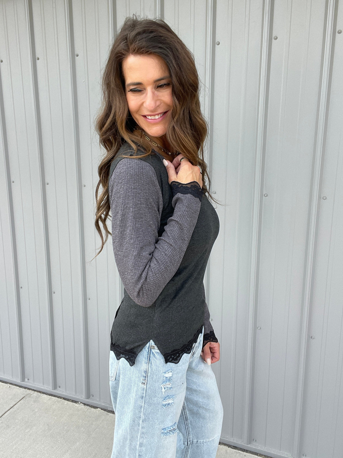 POL Effortless Style Lace Thermal Top In 4 Colors: Charcoal, Mauve, Red, Cream *Final Sale*