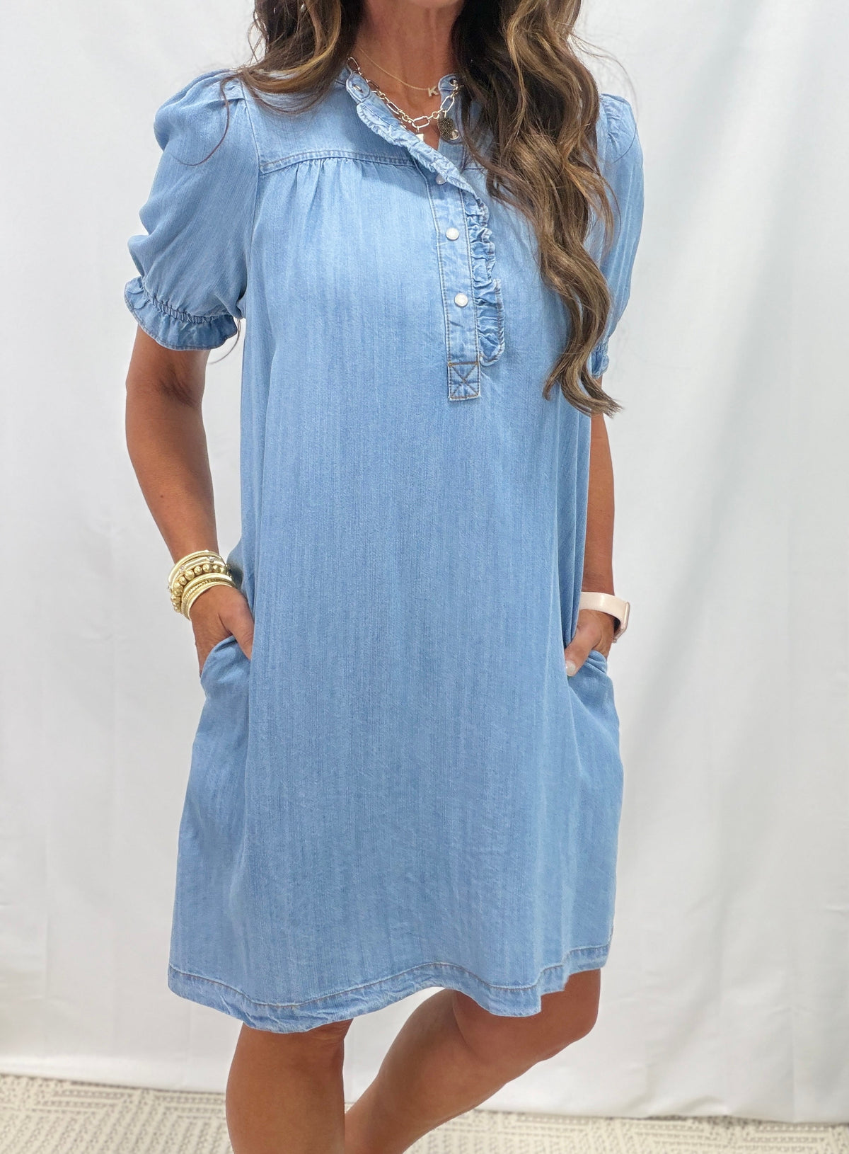 Button Front Washed Denim Dress In 2 Colors