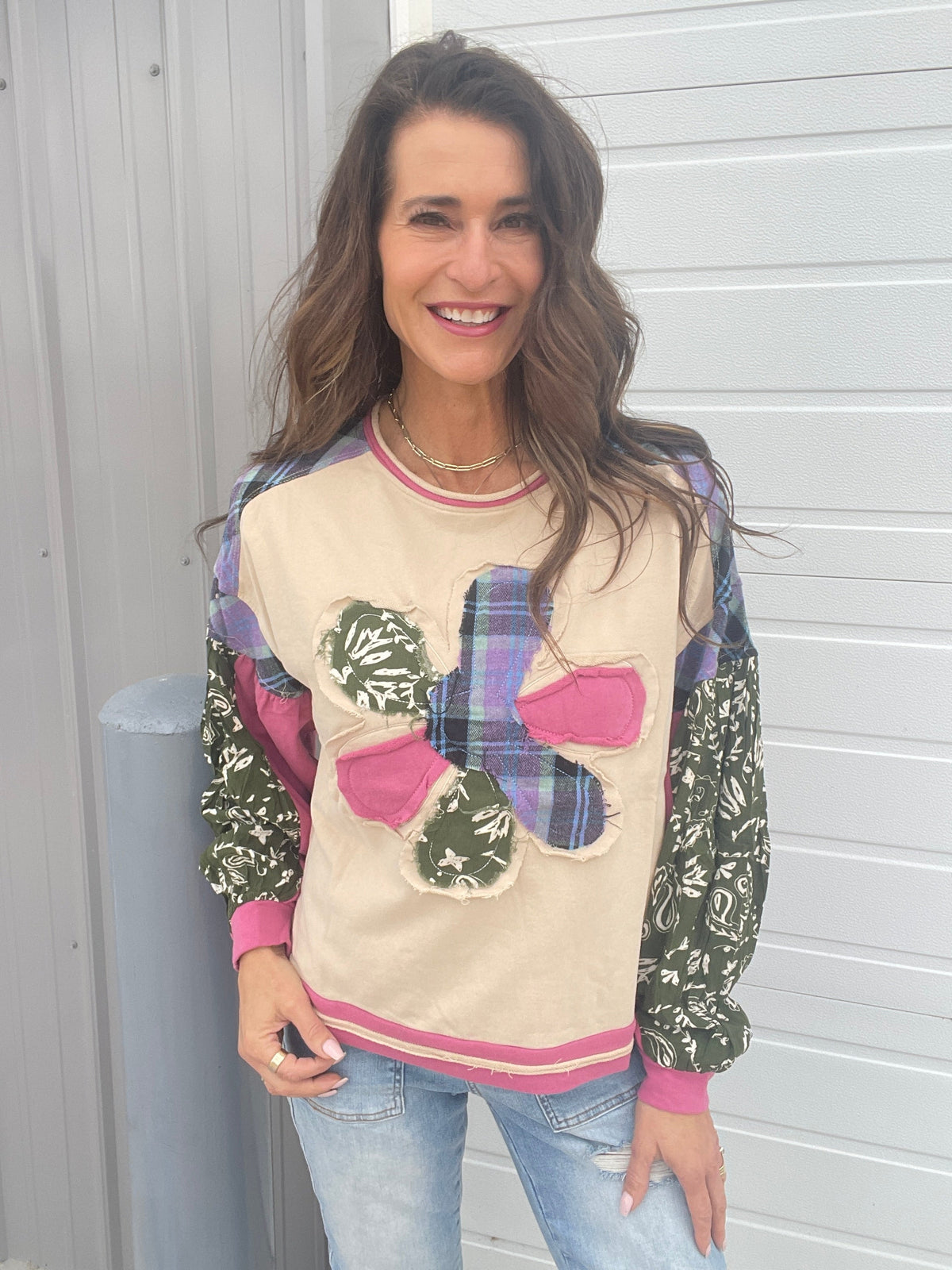 So Flowerful Flower Patch Knit Crew Neck Top In Beige