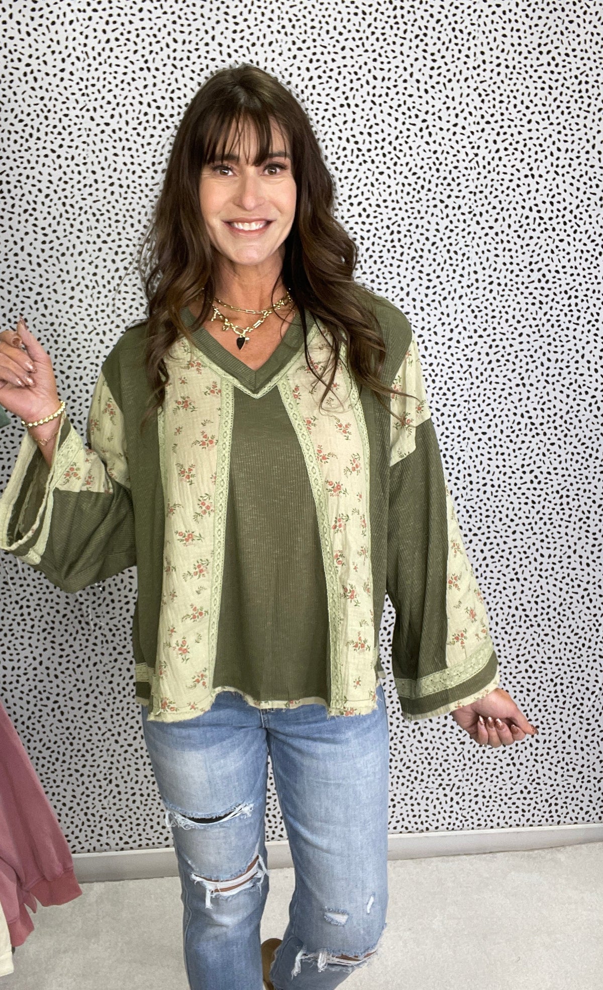 POL Bloom Bound Straight Long Sleeve V-Neck Top In Olive *Final Sale*