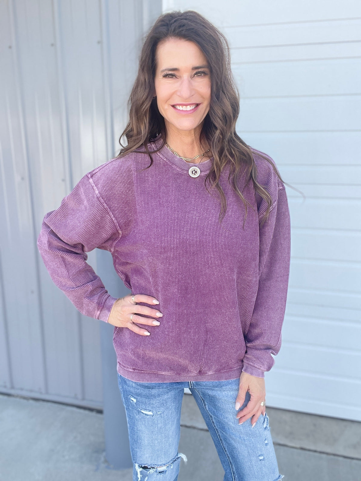 Italian Plum Snow Washed Corded Crewneck Pullover Sweatshirt