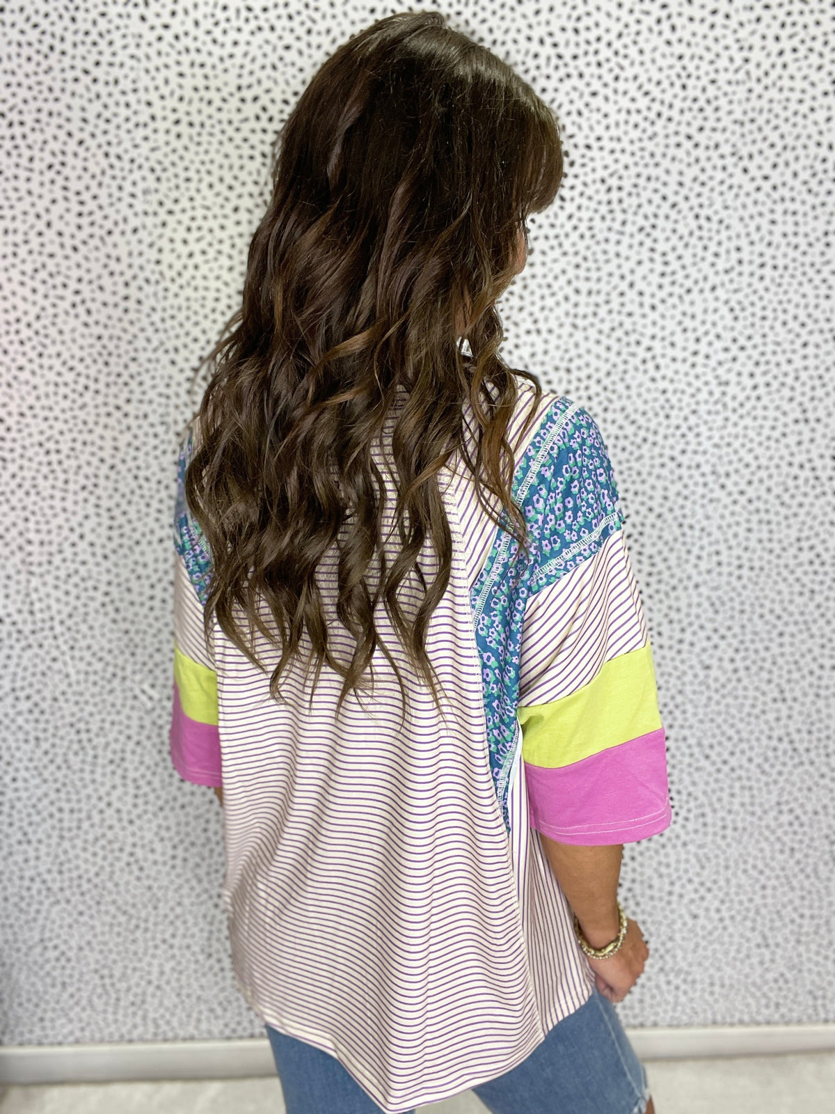 Gracie P Purple Stripe Floral Color Block Raw Edge Patchwork Top