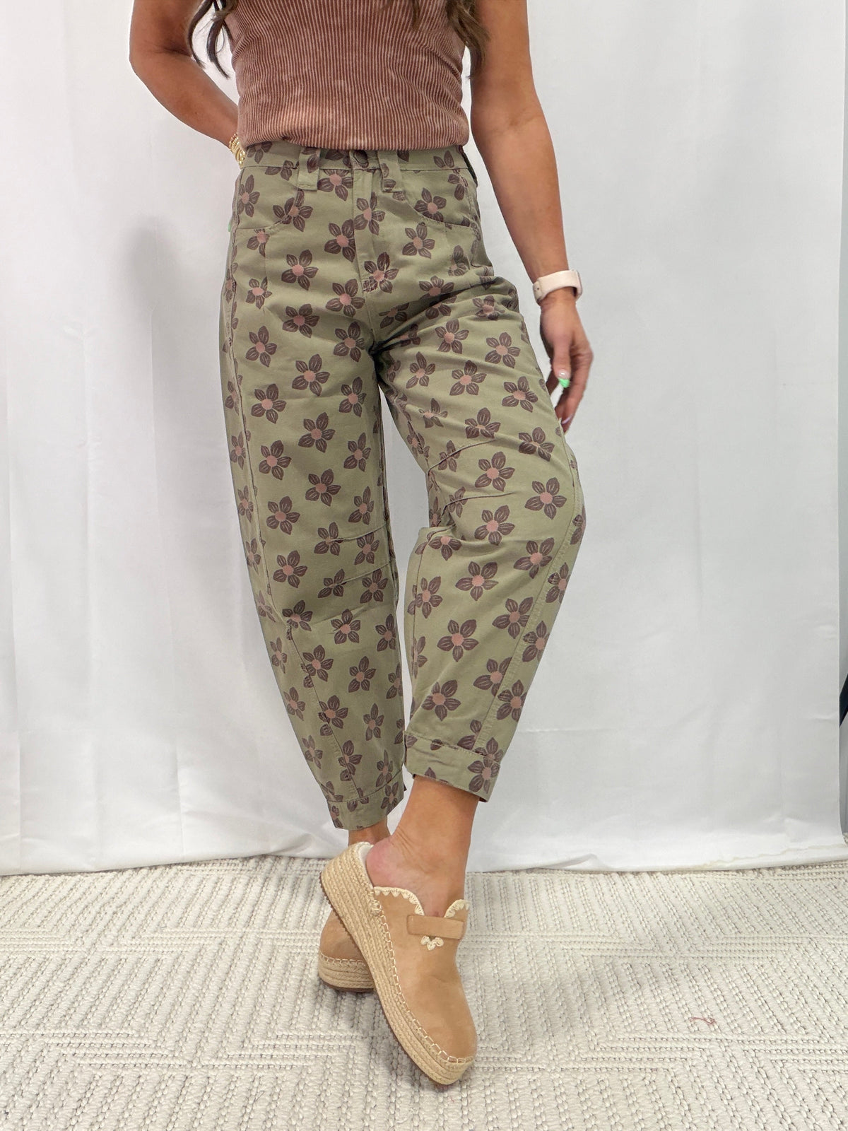Picture This Flower Print Barrel Pants In Olive