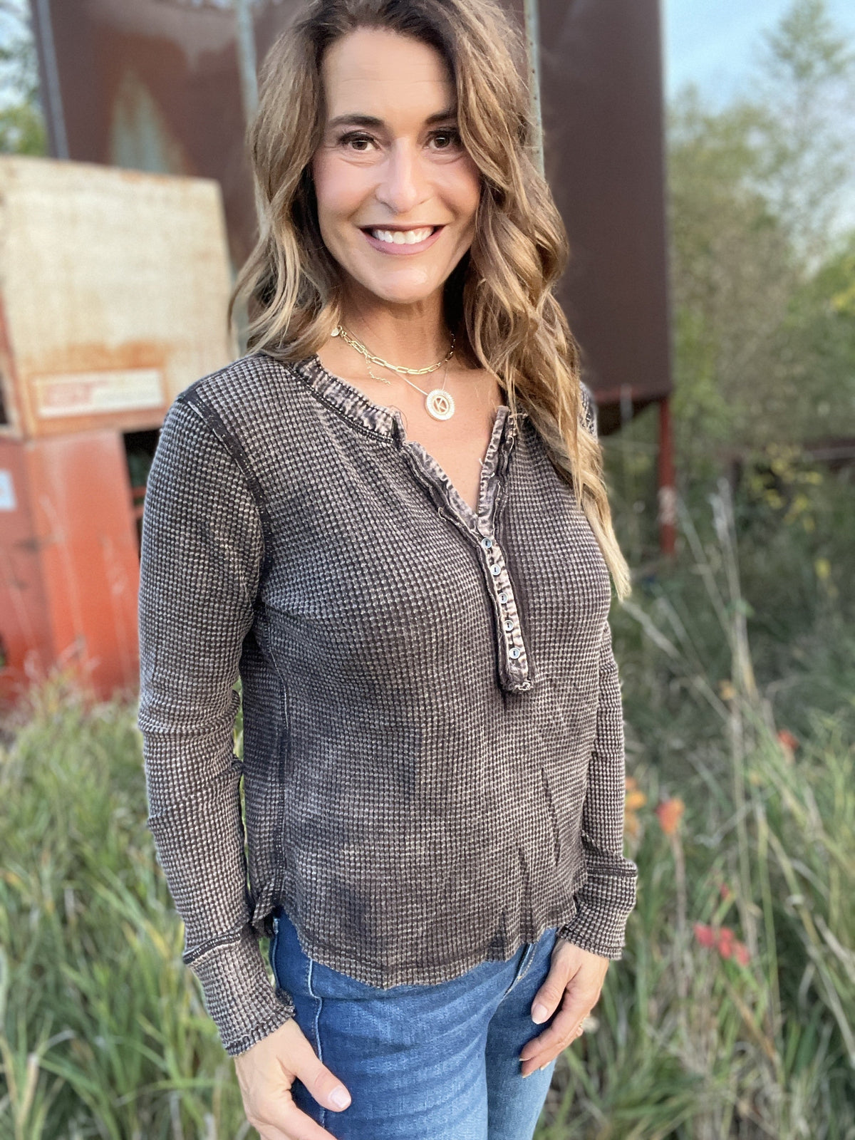 Up For It Washed Henley Waffle Top In 5 Colors *Final Sale*