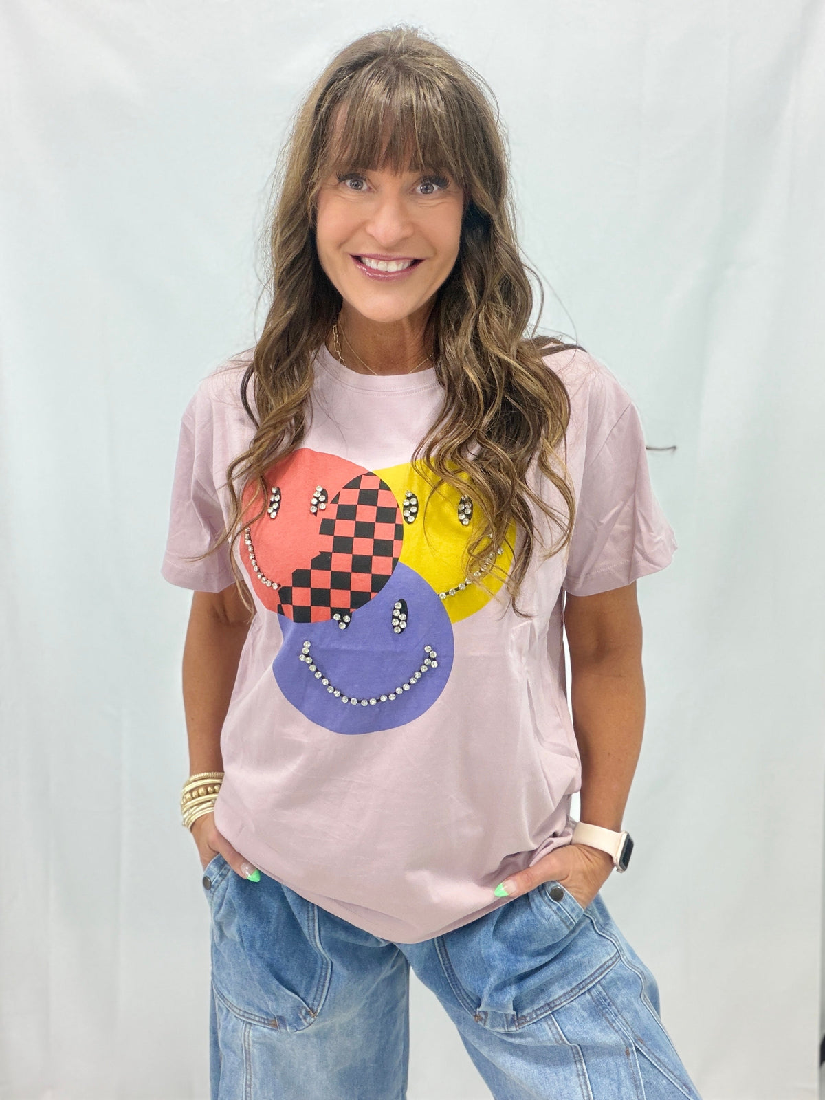 Meet Me Halfway Besazzled Smiley Face Top In Mauve