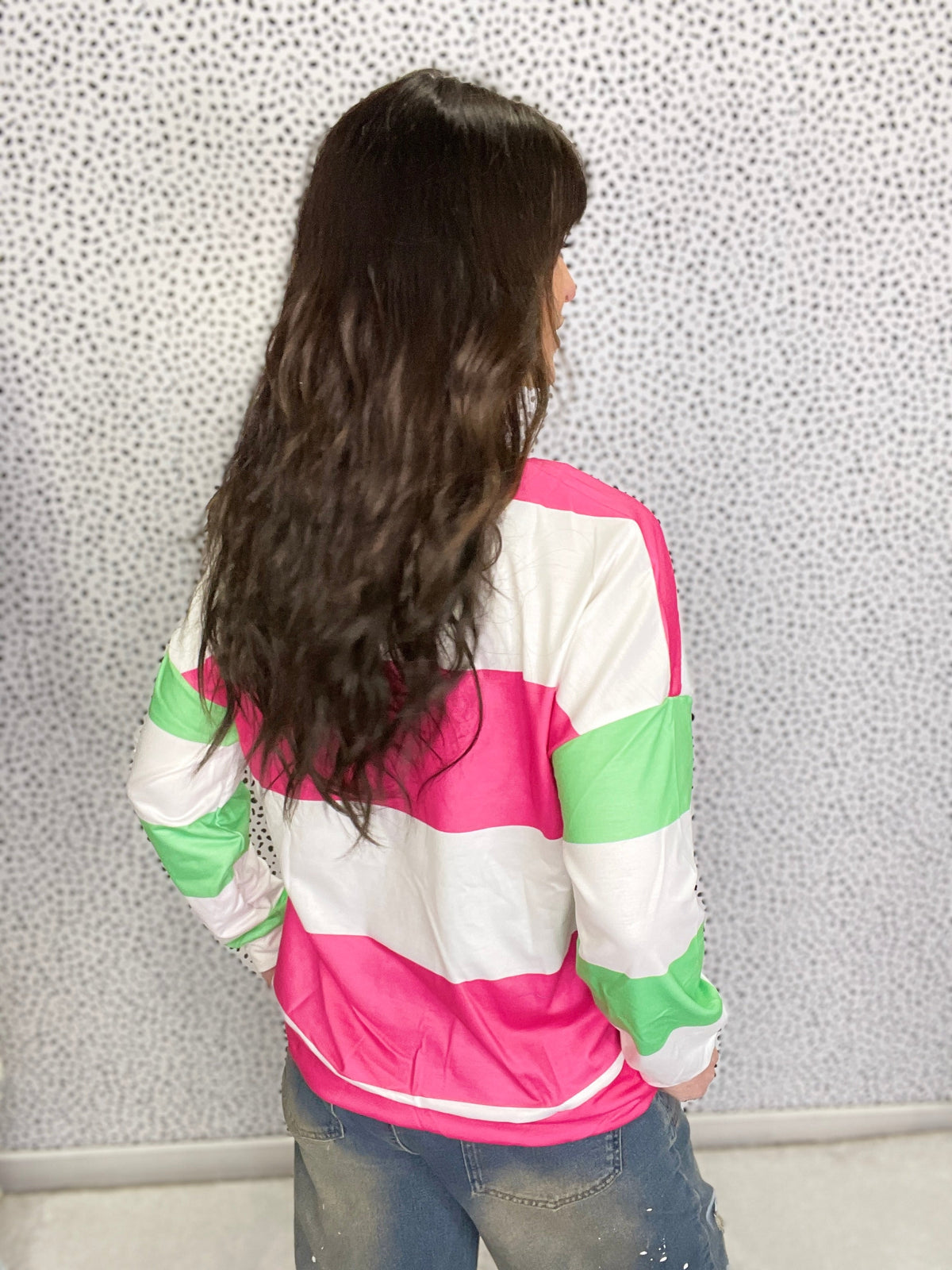 Gracie P Color Block Pink, Green, White Striped Drop Shoulder Top