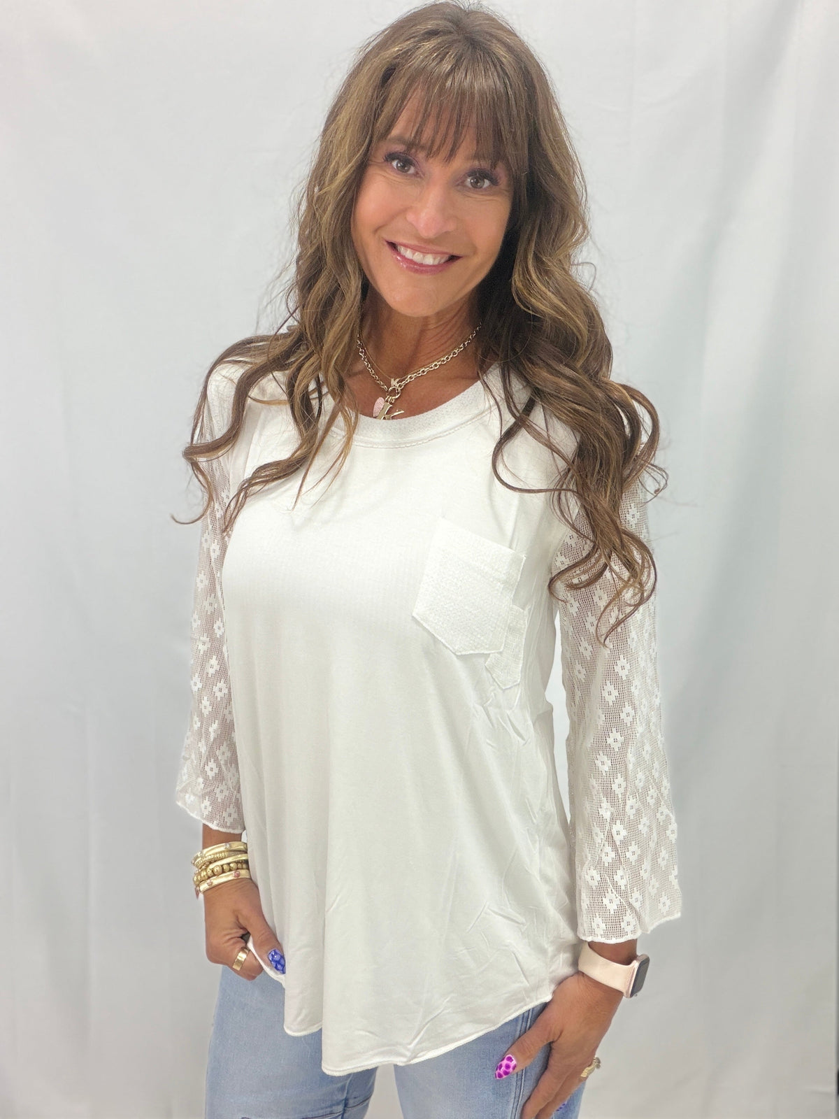 Pol Calm Whisper Lace Sleeve Top In 2 Colors