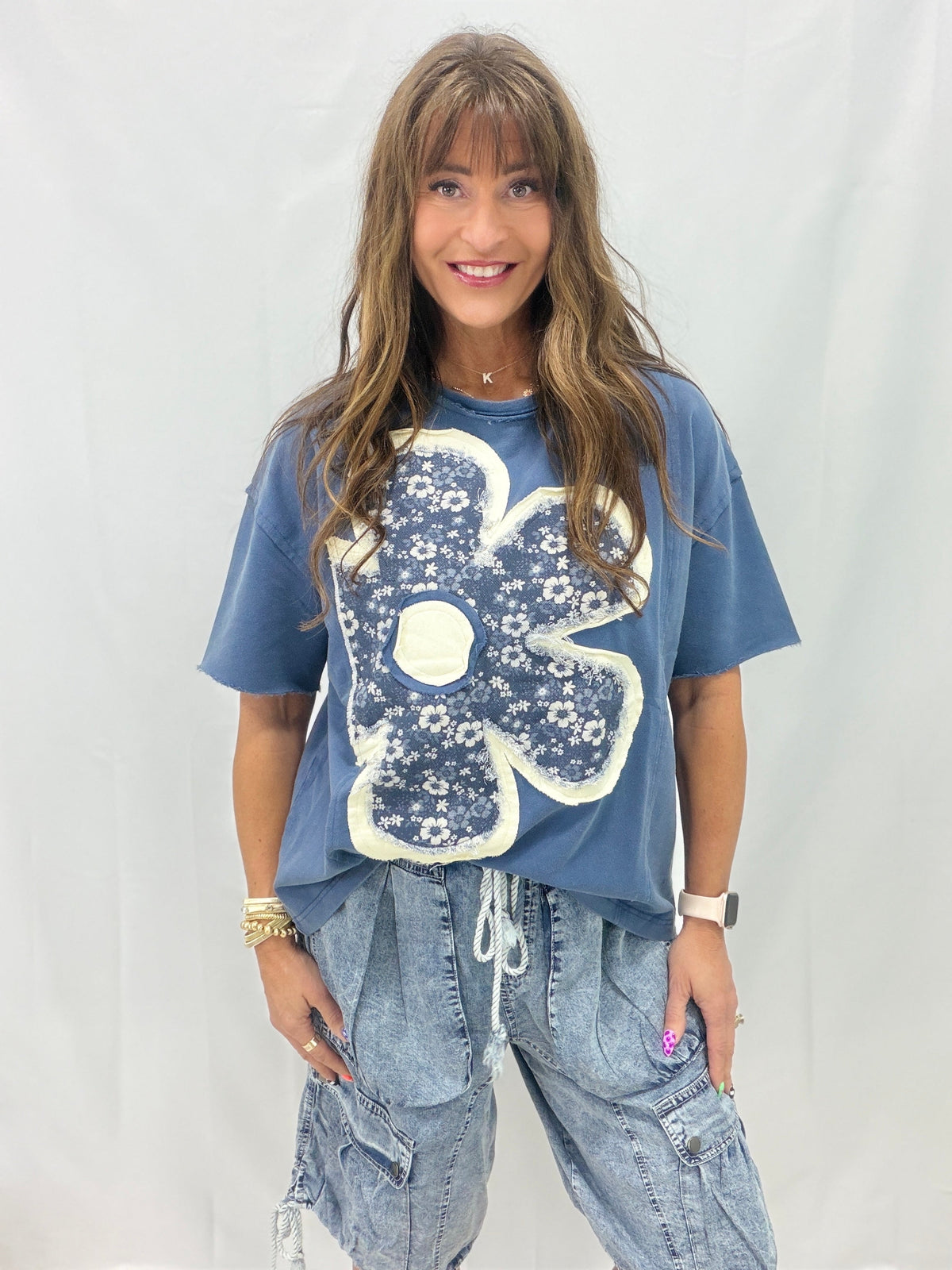 Down For The Chase Floral Patch Top In Denim