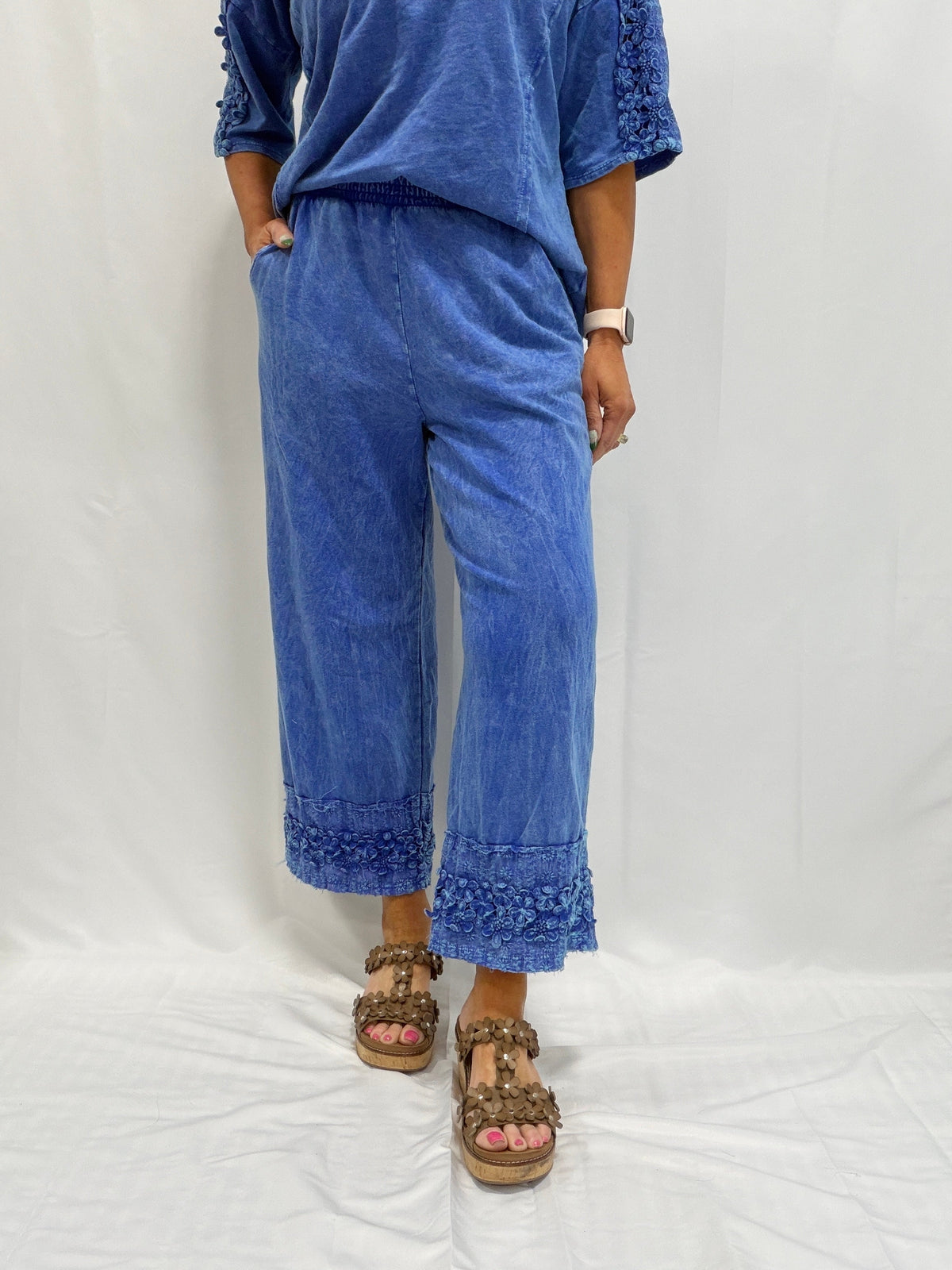 Petal Pusher Mineral Washed Floral Trim Lounge Pants in 3 Colors