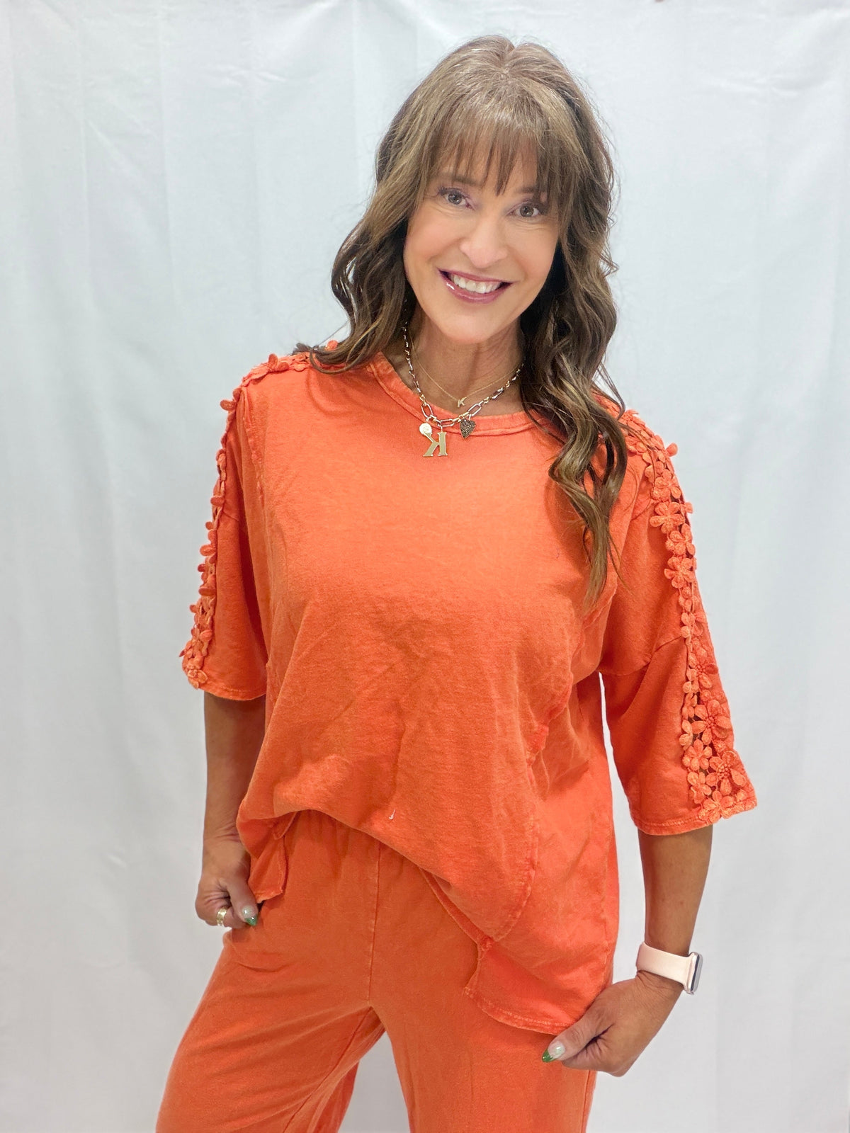 Petal Pusher Mineral Washed Flower Trim Lounge Top In 4 Colors