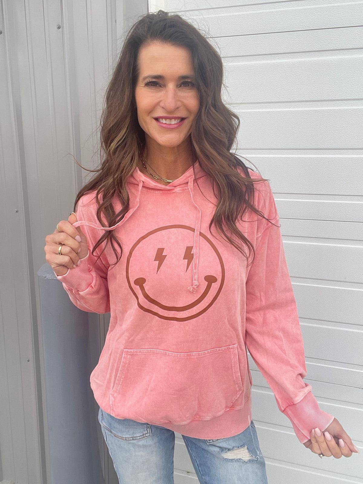 Happy All Around Mineral Washed Hoodie In 4 Colors: Camel, Coral, Smoke, Blue *Final Sale*