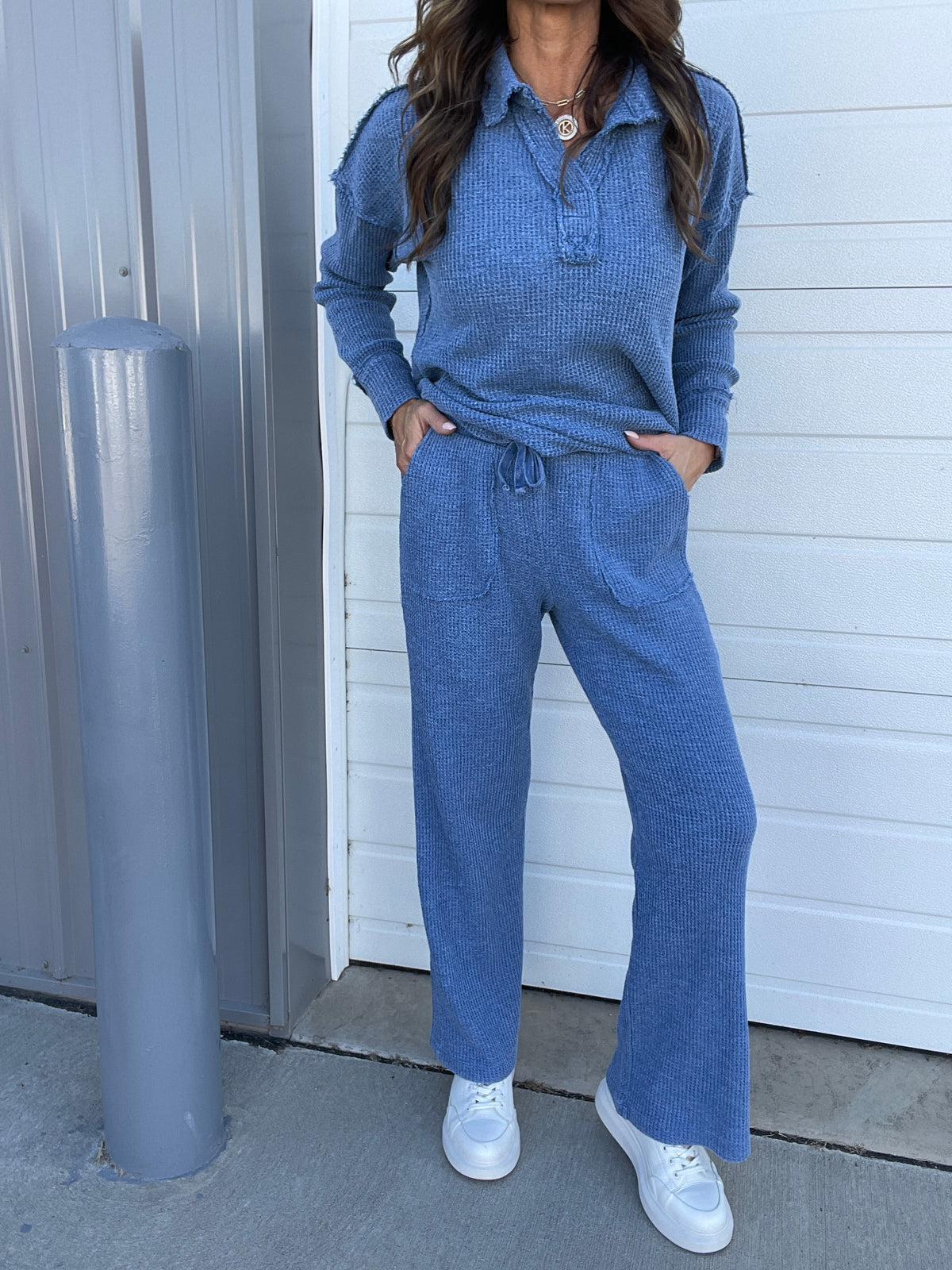 On To The Weekend Cotton Waffle Knit Straight Leg Casual Pants In 3 Colors: Black, Brown, Blue