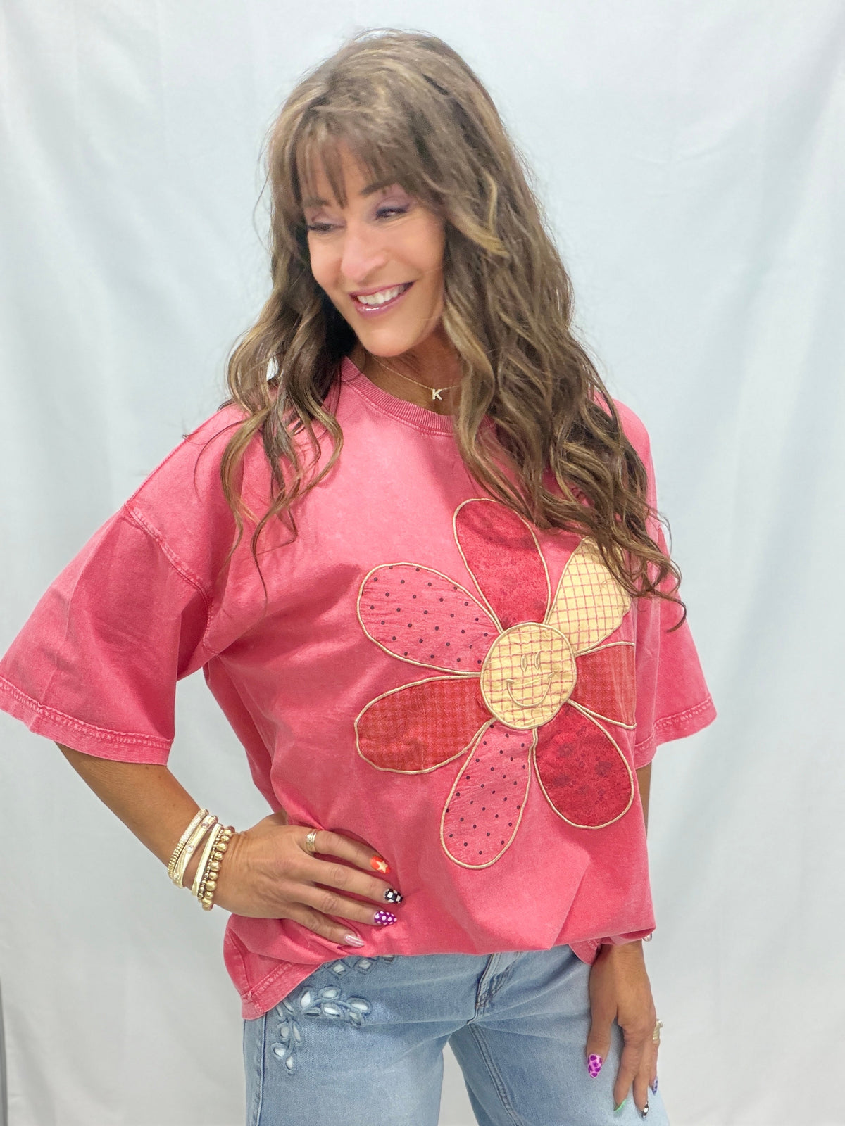 Take The Hint Floral Smiley Face Patch Top In 2 Colors