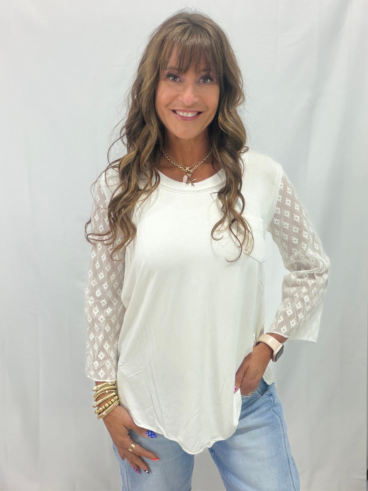 Pol Calm Whisper Lace Sleeve Top In 2 Colors