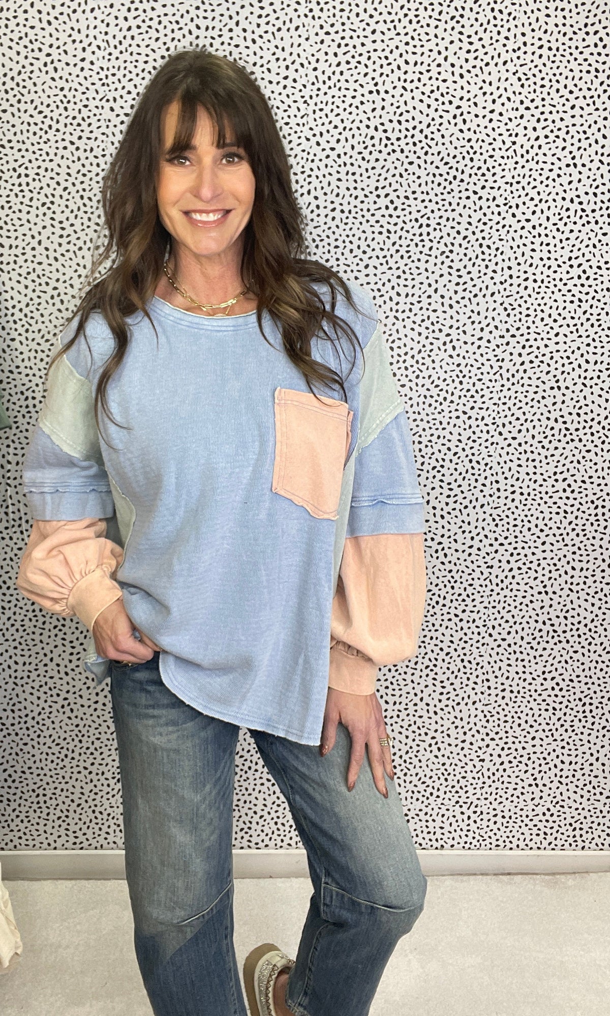 Peace Of You Back Patch Long Sleeve Top In Blue