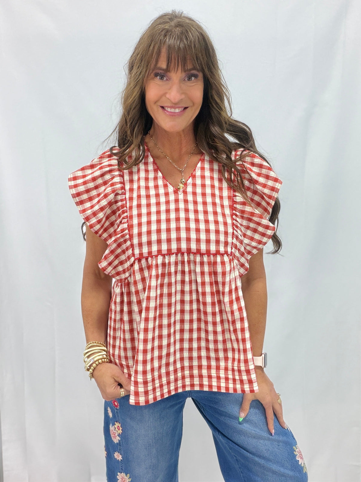 Find The Clues Gingham Babydoll Top In Red