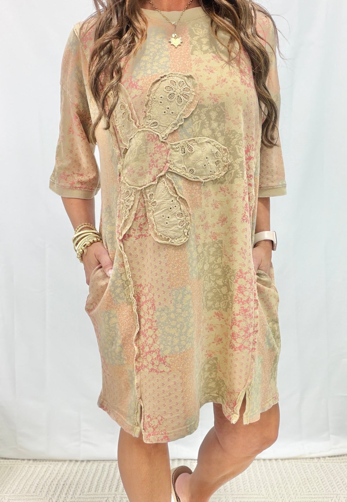 Patchwork Petals Mineral Washed Pullover Dress In 3 Colors