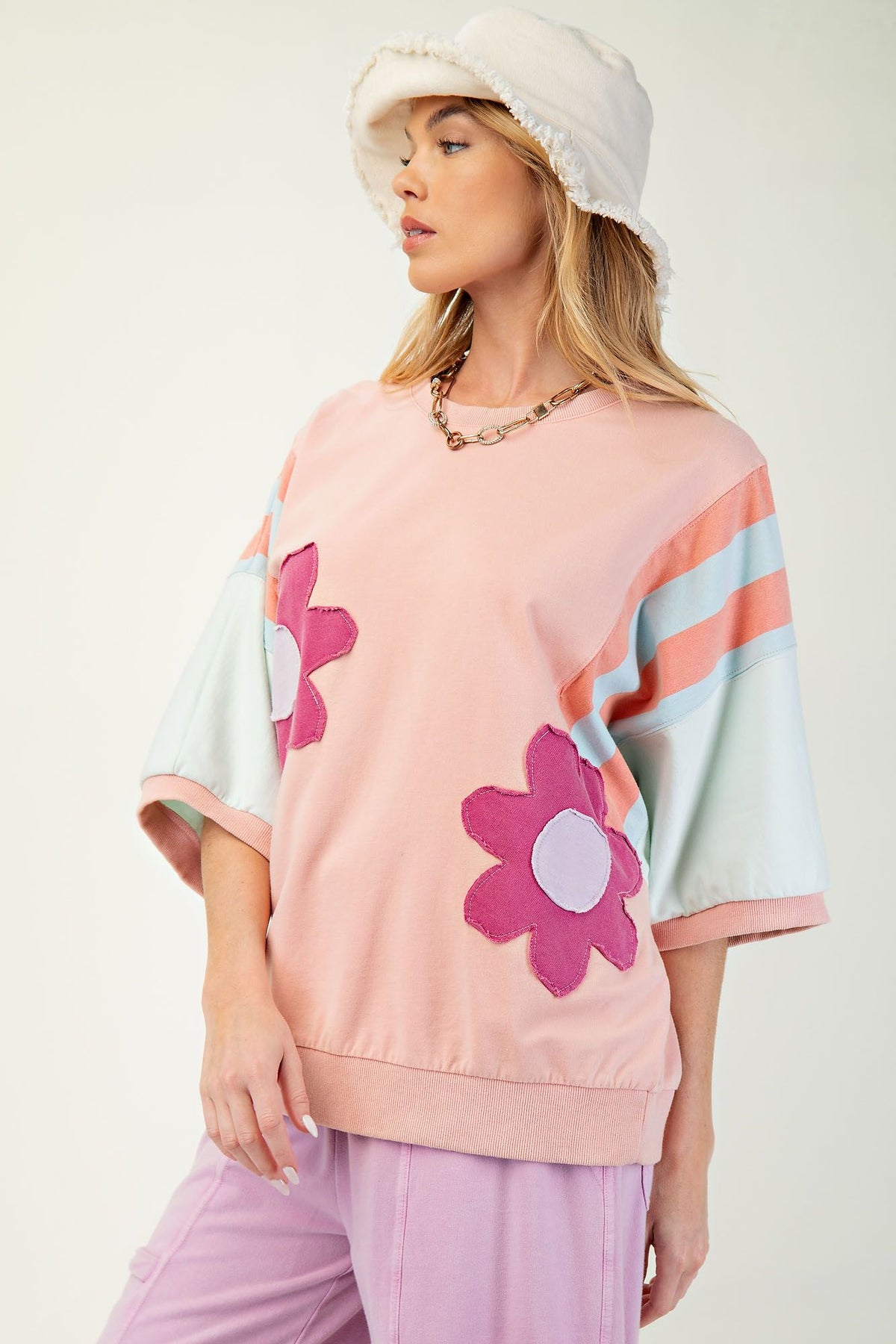 Blooming Marvelous Color Block Flower Patch Terry Knit Top In 3 Colors *Final Sale*