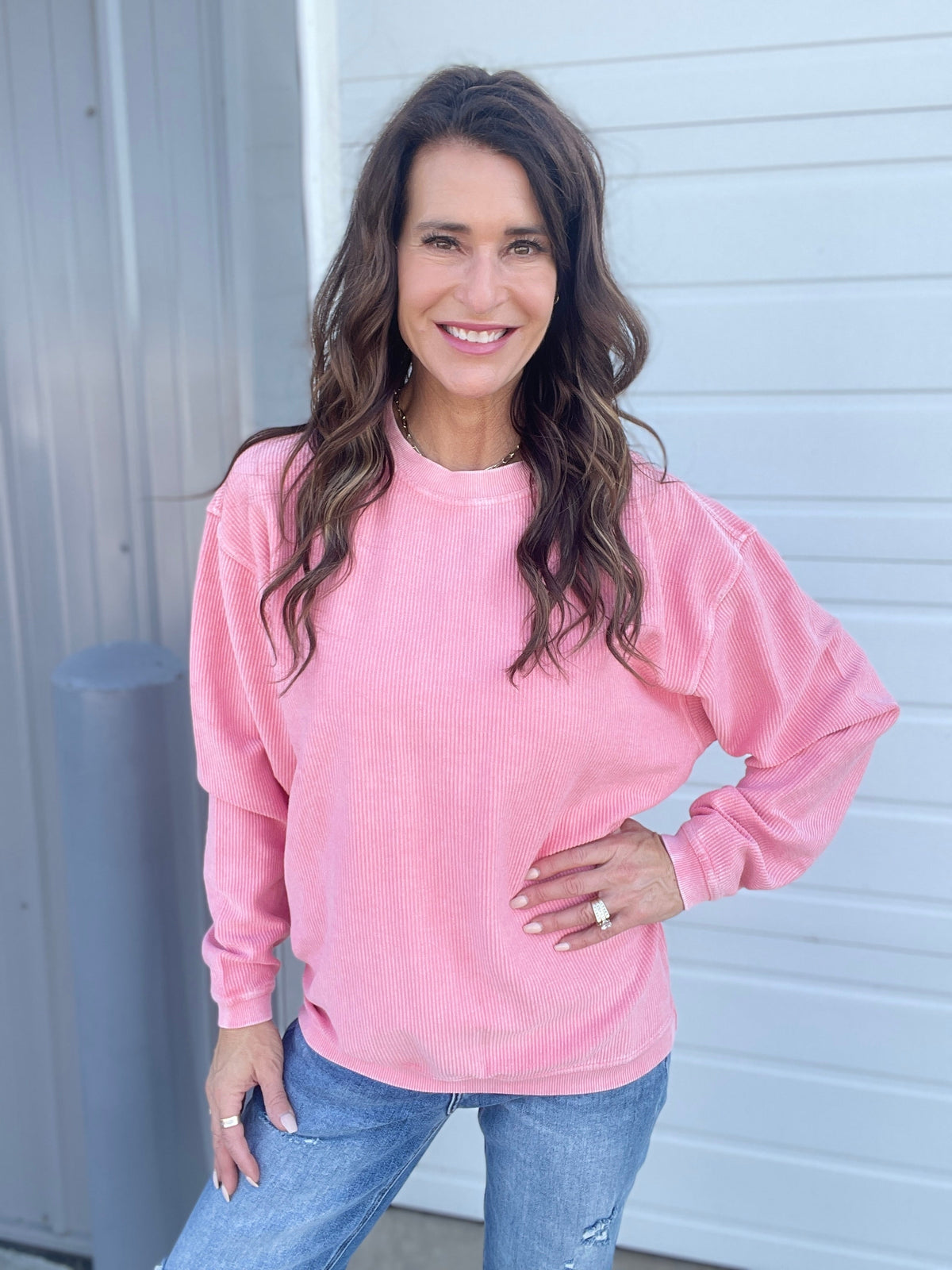 Seaside Pink Snow Washed Corded Crewneck Pullover Sweatshirt