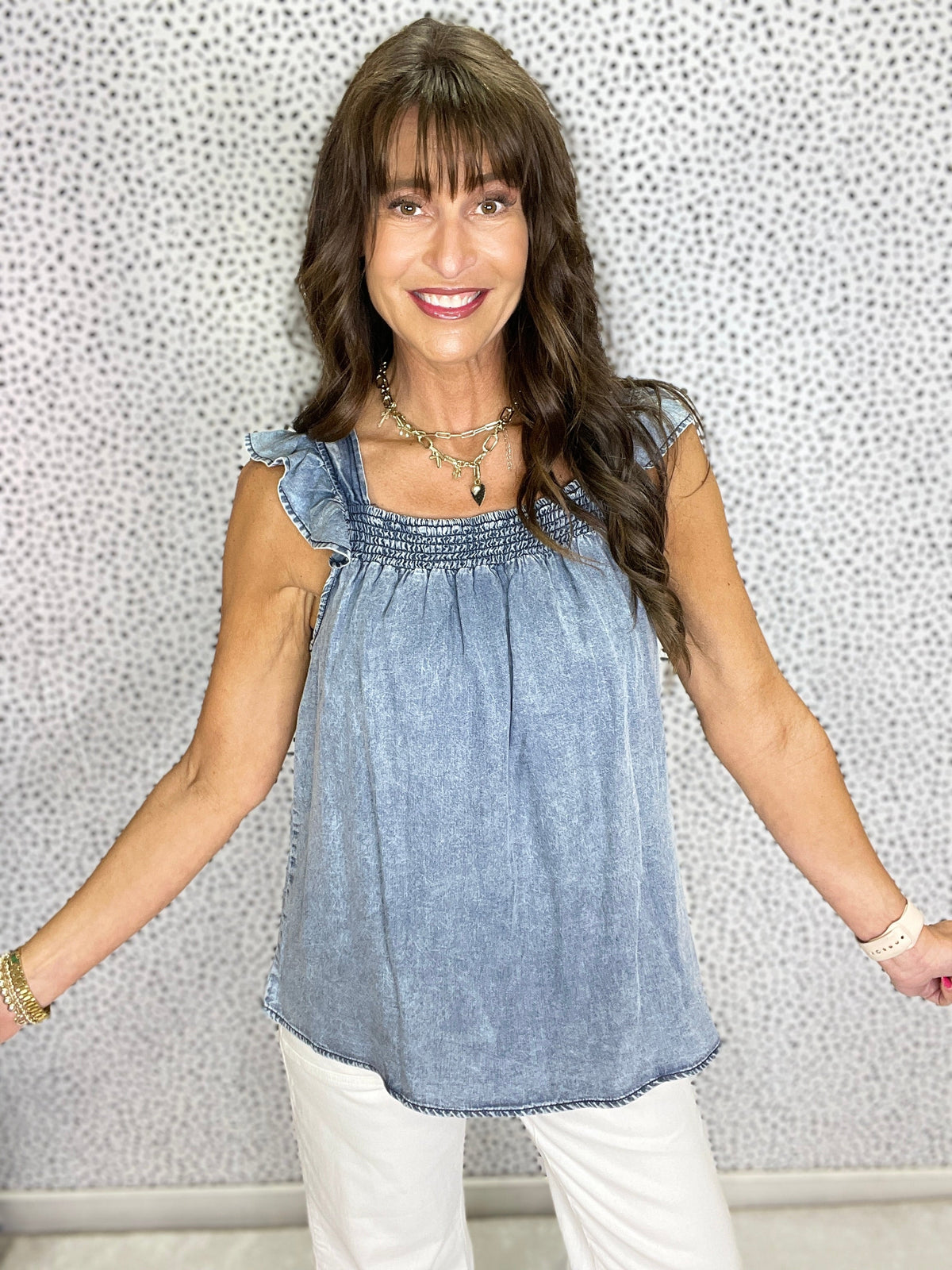 Gracie P Chambray Ruffled Shirred Neckline Sleeveless Denim Tank Top *Final Sale*