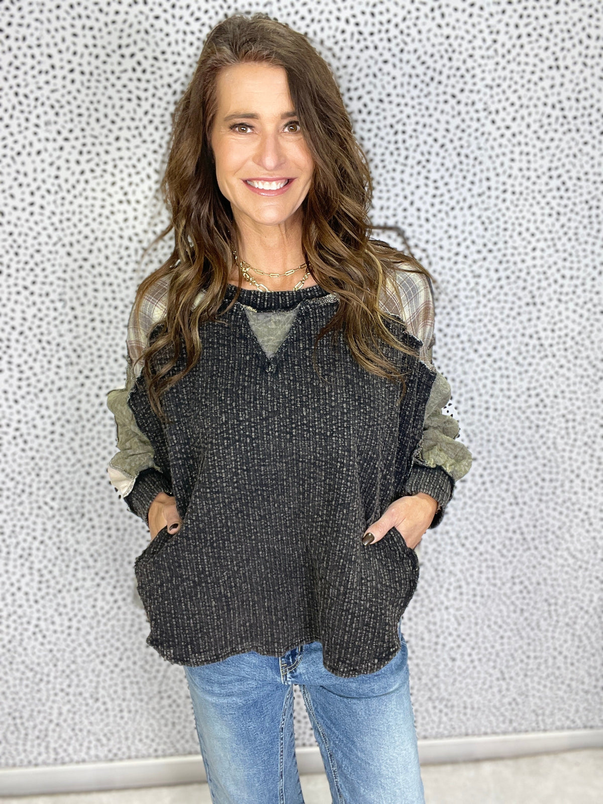 Oli & Hali Many Places Washed Plaid Mix Oversize Top In Black
