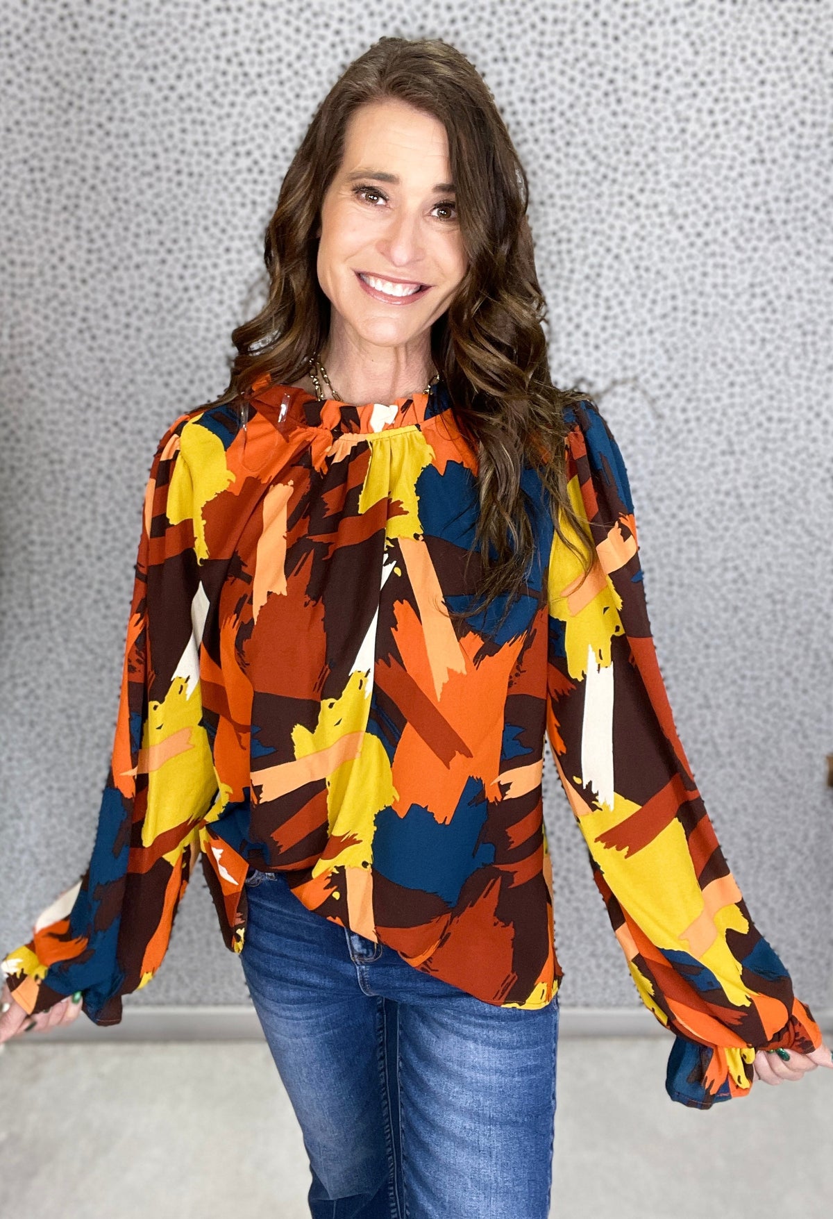 Anything At All Abstract Print Bubble Long Sleeve Top In Rust *Final Sale*