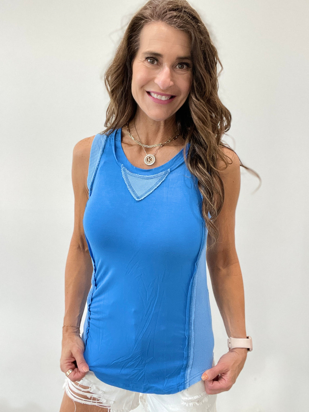 Pol Inset Sleeveless Tank Top With Back Zipper In 5 Colors: Black, Blue, Ivory, Coral, Oatmeal *Final Sale*