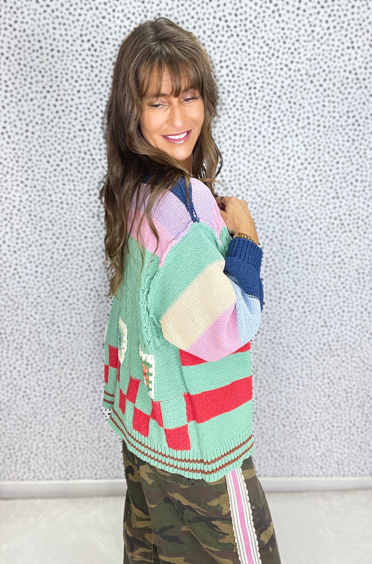 POL Retro Charm Balloon Sleeve Cardigan In Green