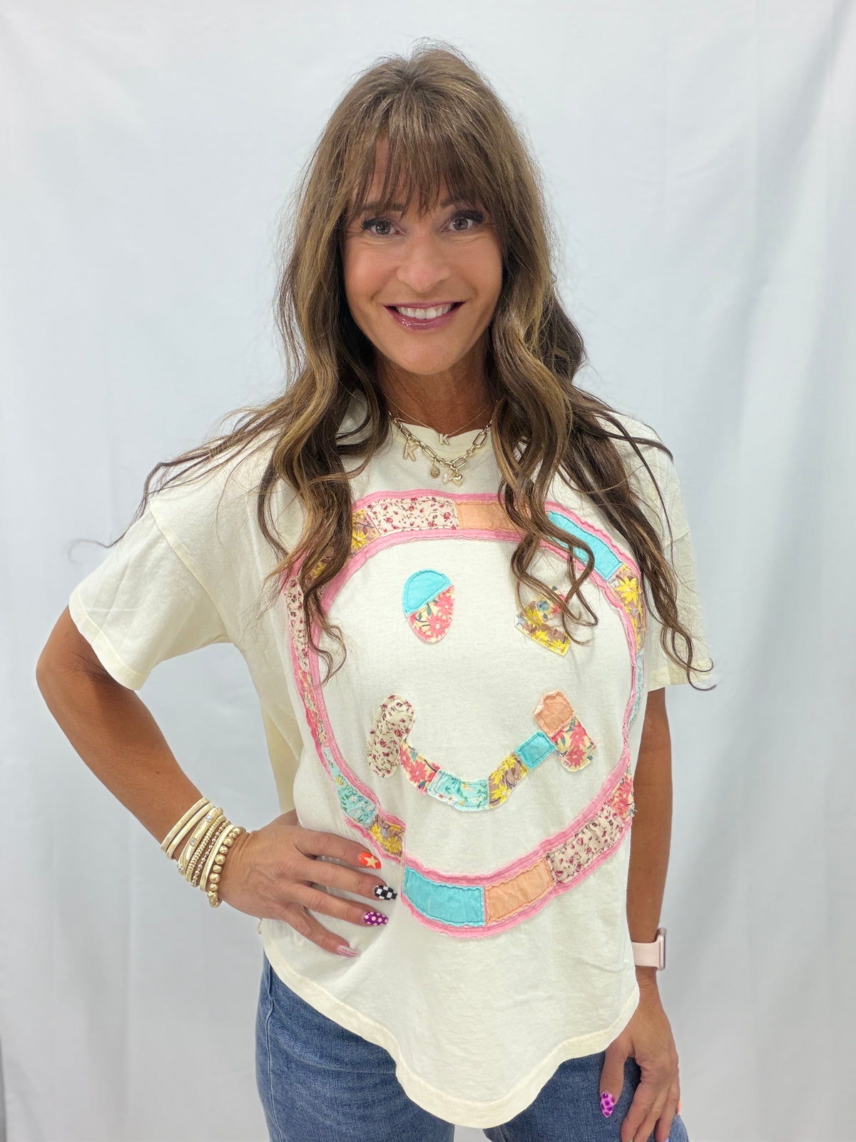 That's The Chance Patchwork Smiley Top In Cream