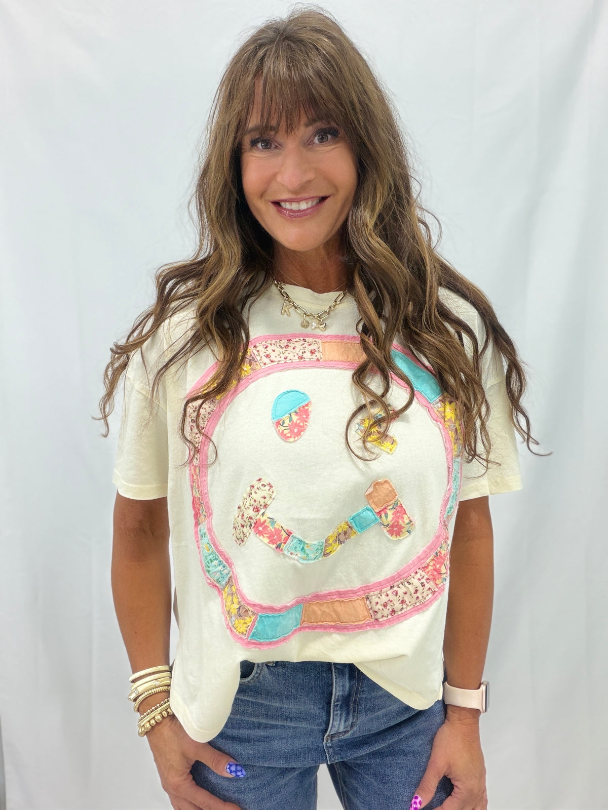 That's The Chance Patchwork Smiley Top In Cream