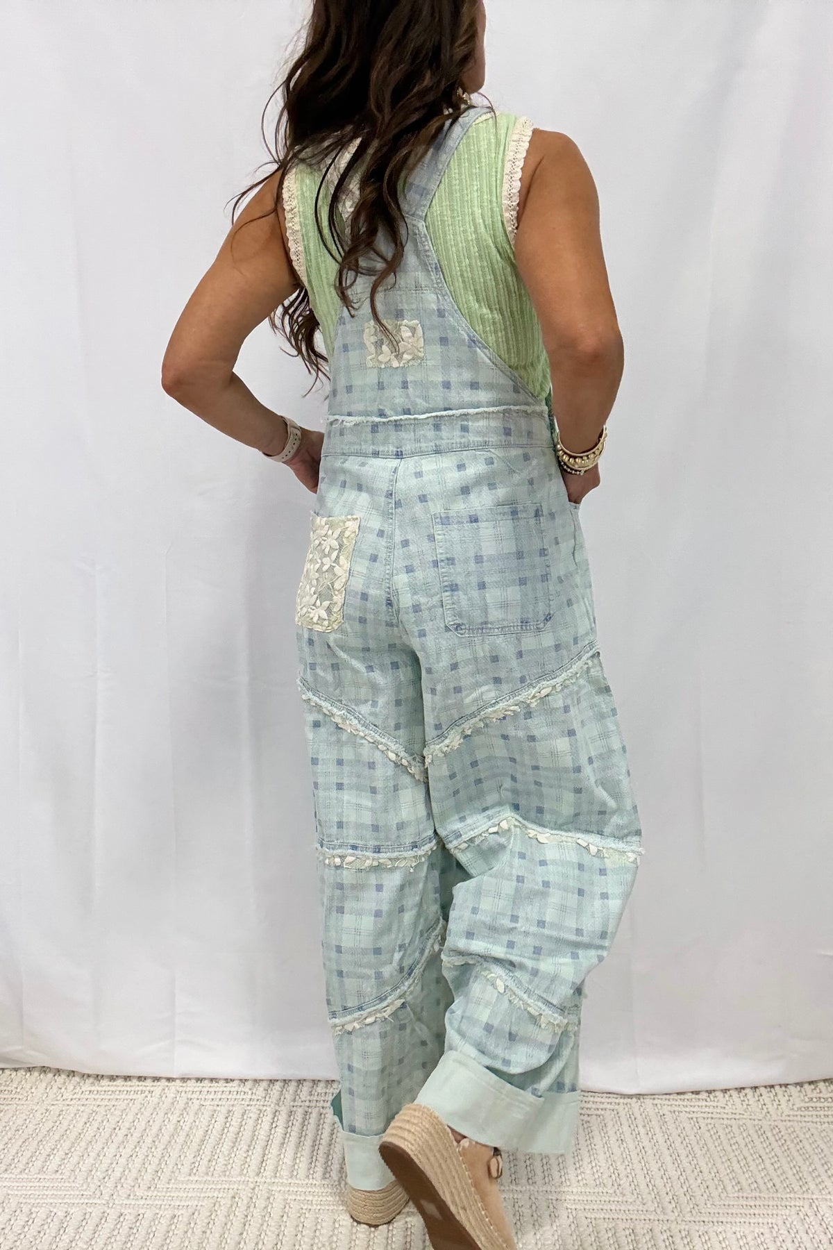 POL Relaxed Fit Denim Overalls In Blue Plaid