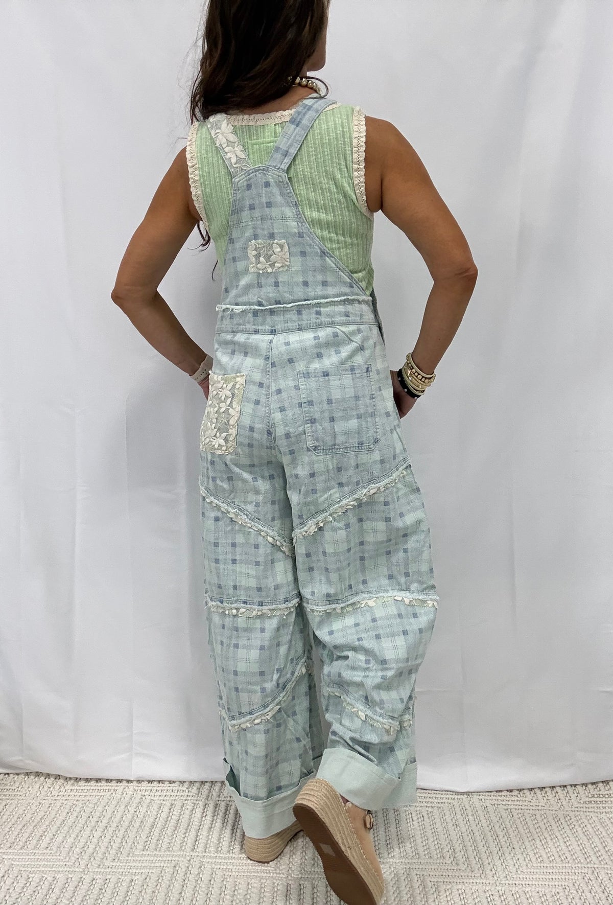 POL Relaxed Fit Denim Overalls In Blue Plaid