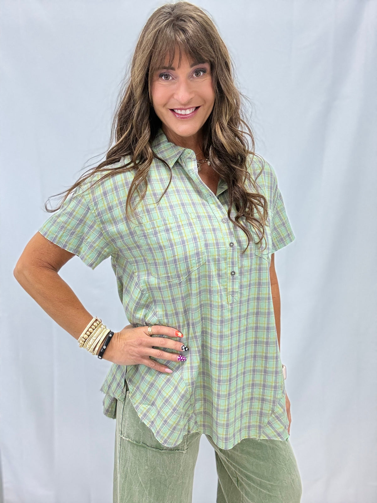 POL Relaxed Fit Denim Overalls In Blue Plaid
