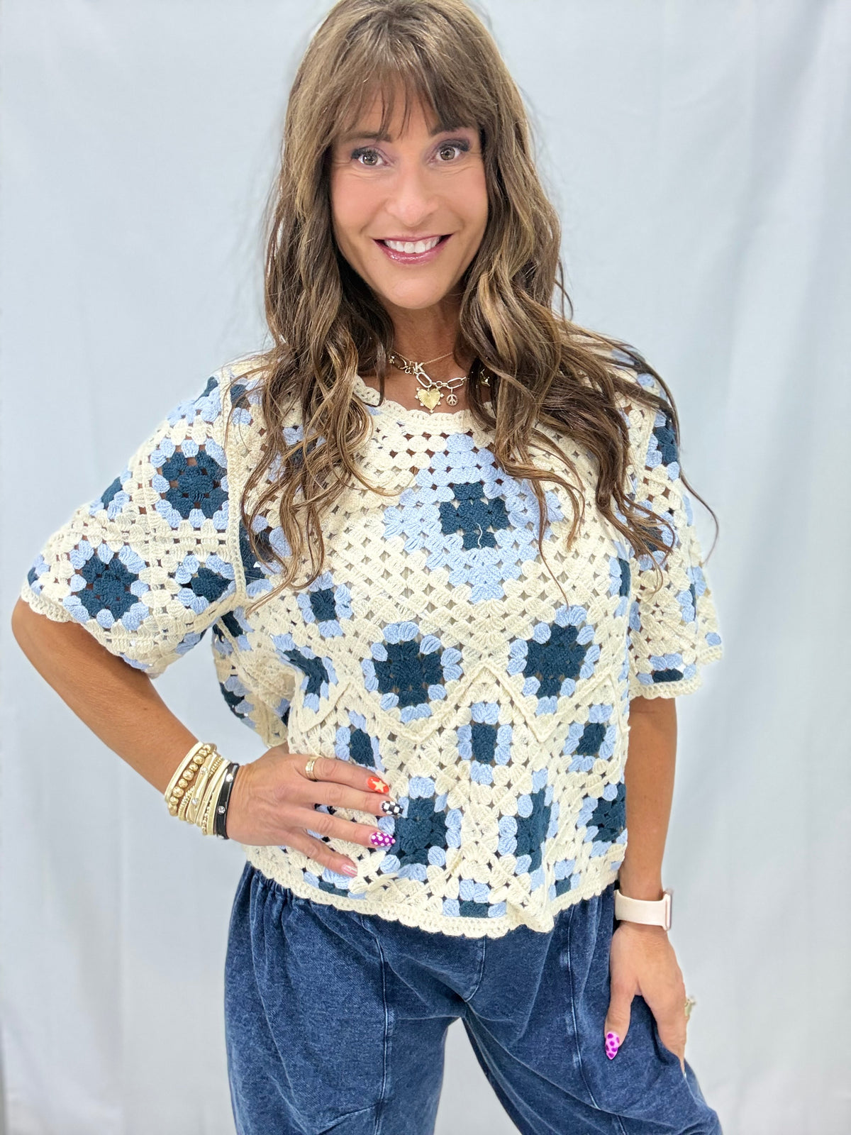 POL Round Neck Crochet Roomy Top In 2 Colors