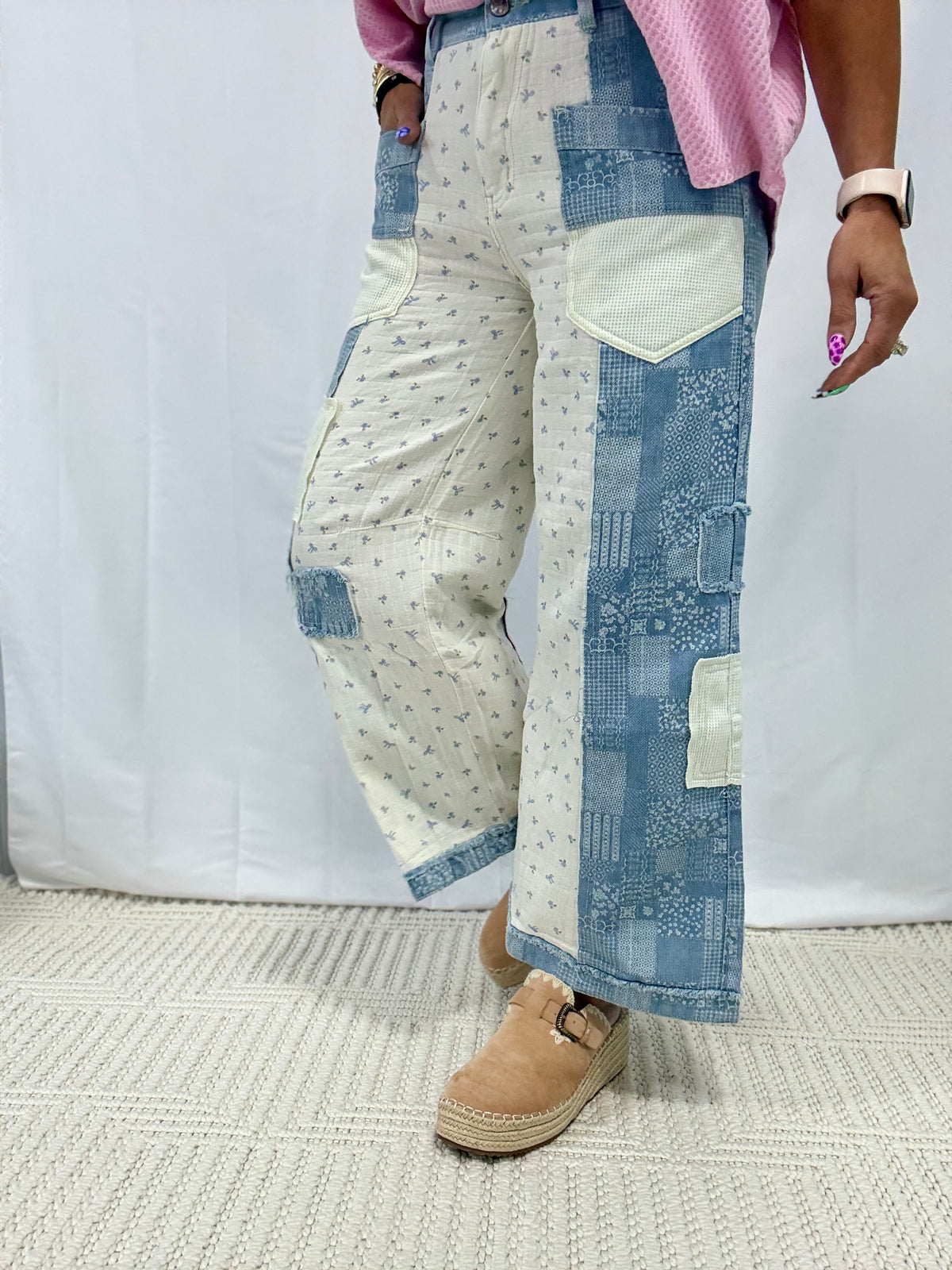 POL Printed Twill & Denim Straight Pants