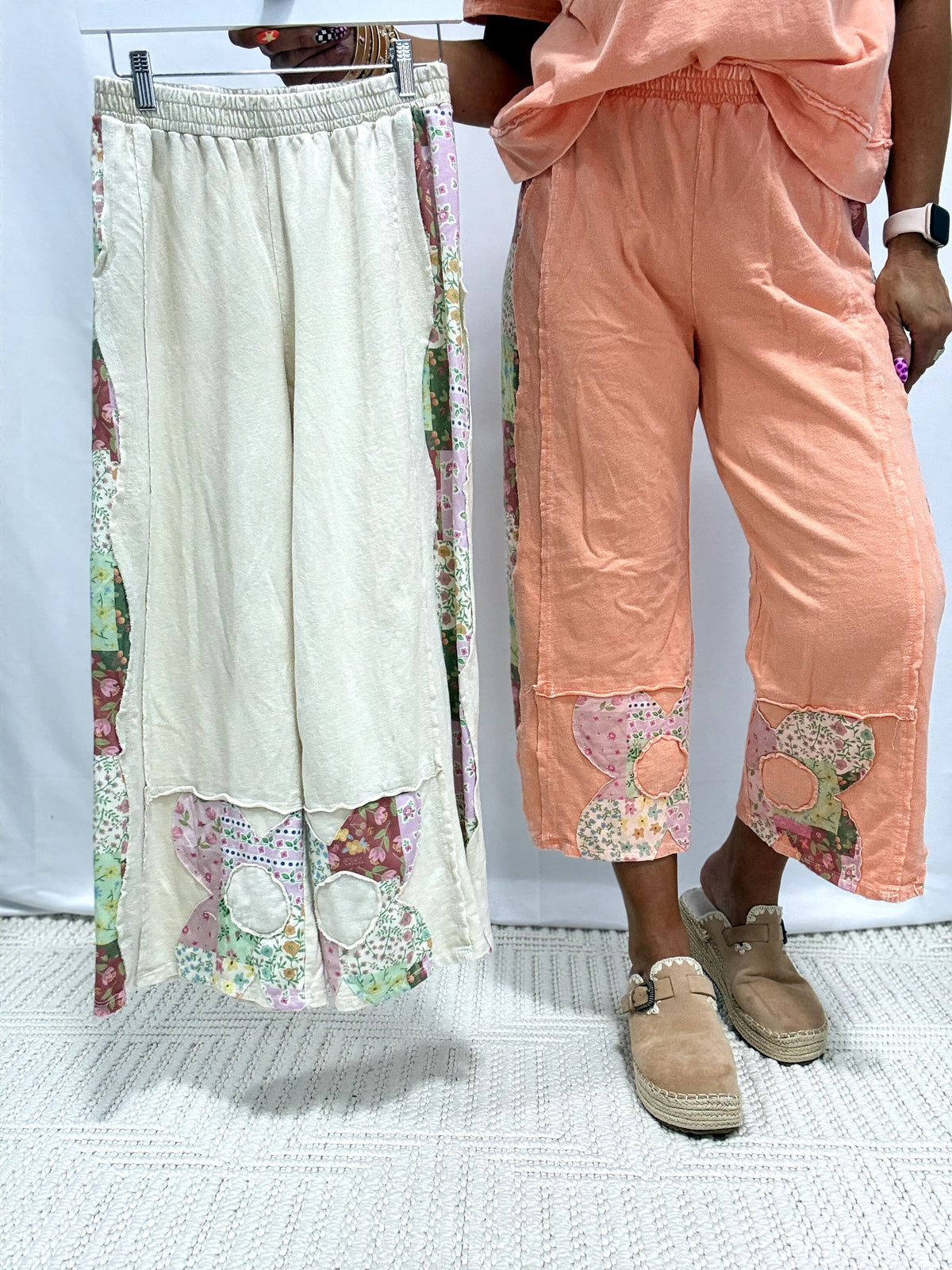 Blush And Bloom Floral Patch Pants In 2 Colors