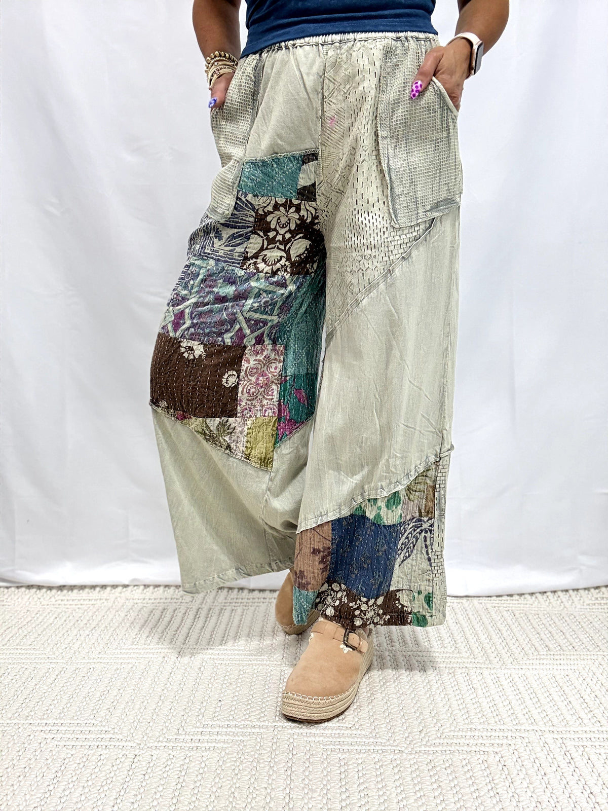 Bohemian Patchwork Dream Pants In Sage Multi
