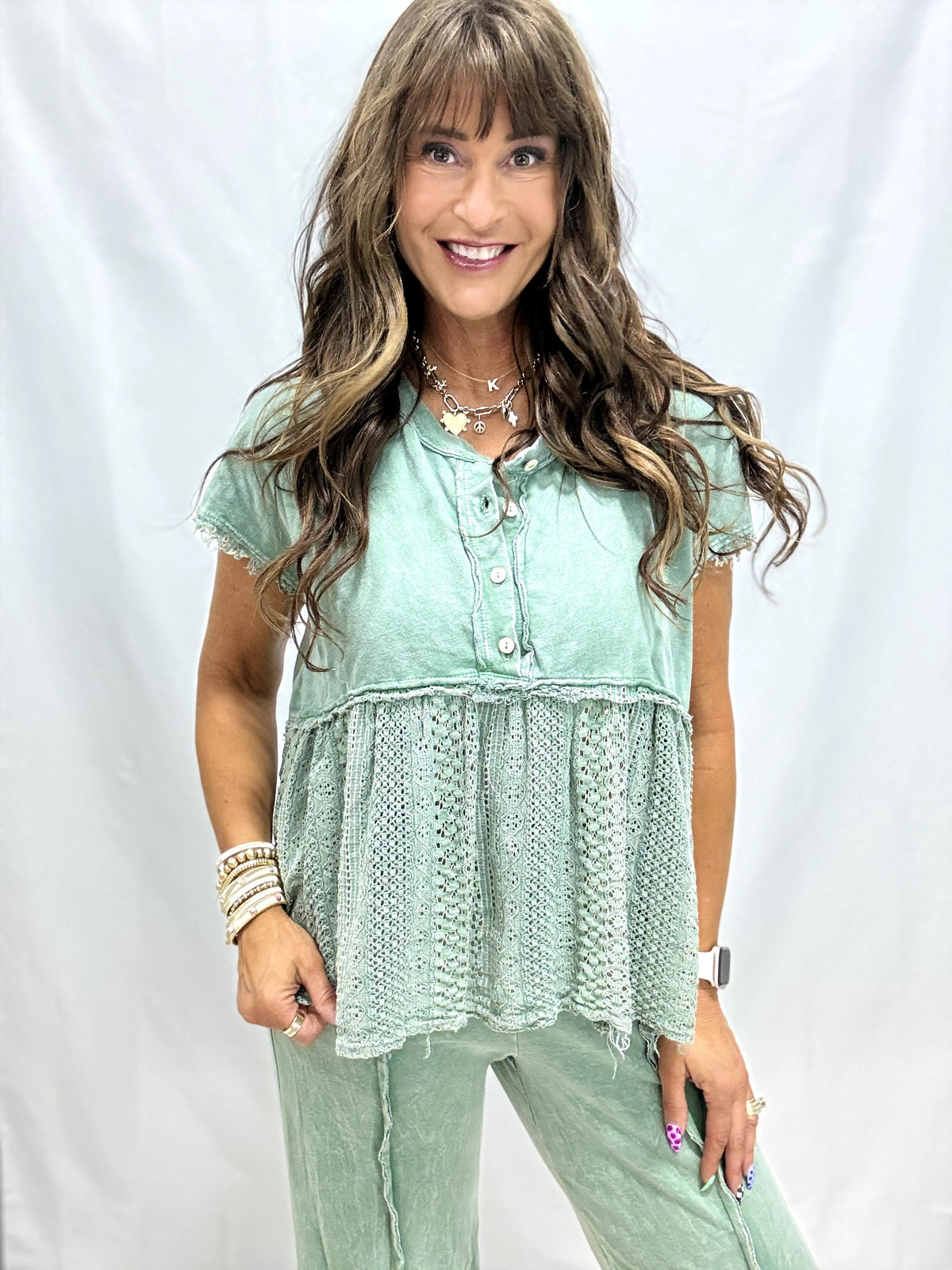 On The Edge Lace Mineral Washed Babydoll Top In 2 Colors