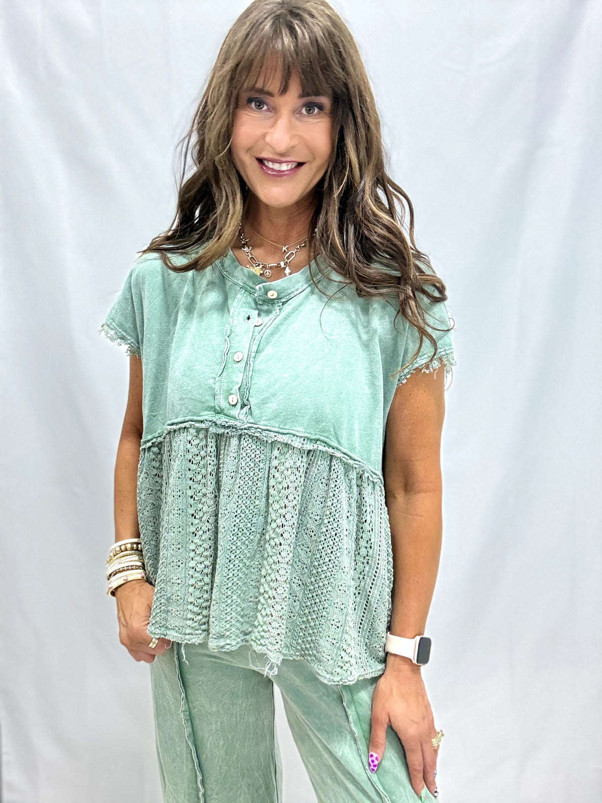 On The Edge Lace Mineral Washed Babydoll Top In 2 Colors