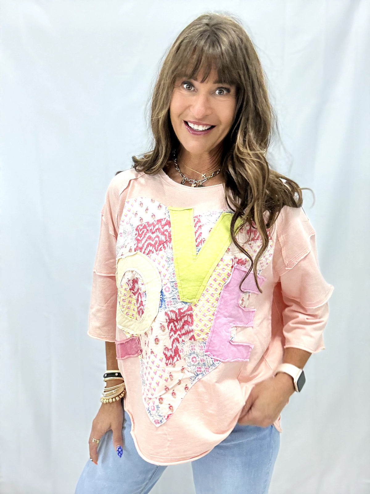 Love To Be Free Oversized Patchwork Top In Peach